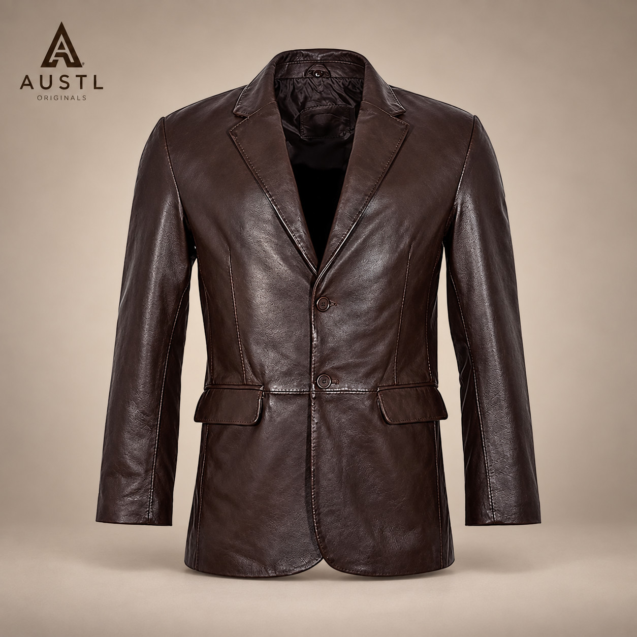 Men\'s Brown Leather Blazer 2 Button Tailored Sport Coat Formal Jacket