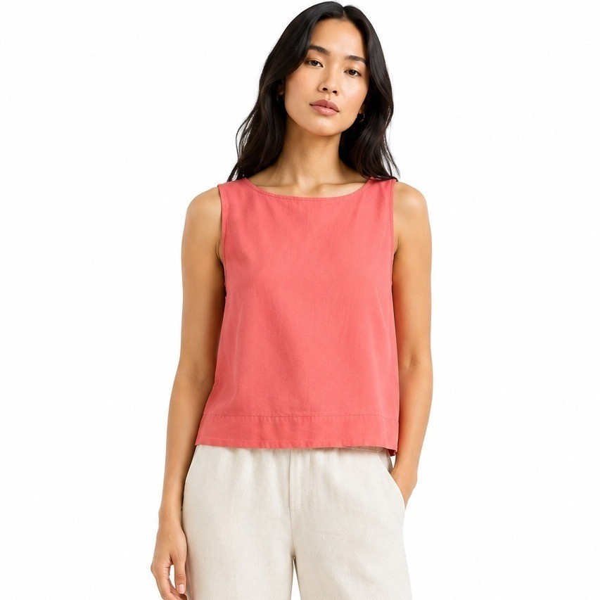 Bella Dahl Boatneck Split Back Blouse Coral Pink Tencel Tank Top Size M NWT