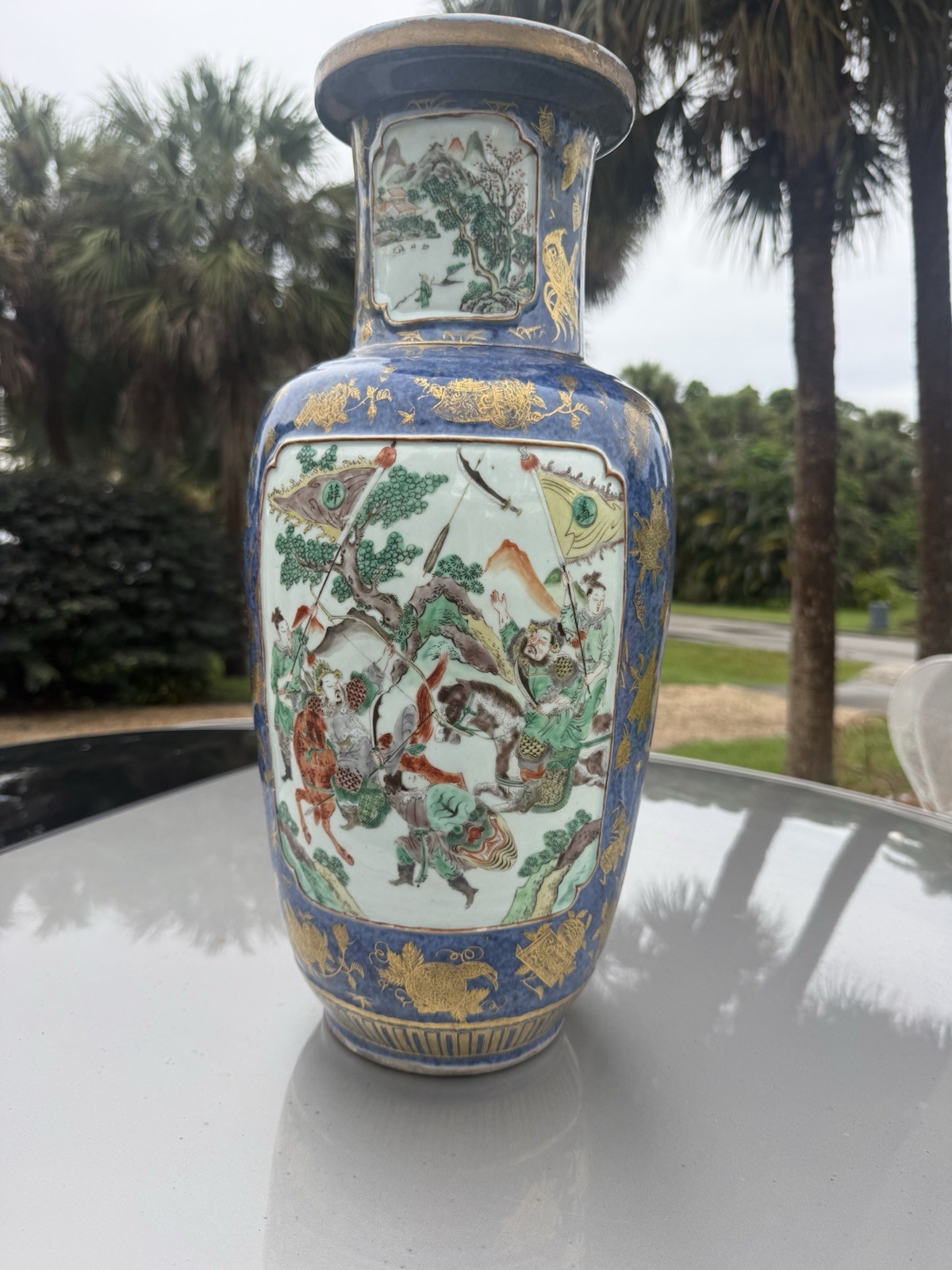 CHINESE FAMILLE VERTE AND POWDER BLUE 'FIGURAL' VASE 19TH CENTURY SIGNED CHINESE FAMILLE VERTE AND POWDER BLUE 'FIGURAL' VASE 19TH CENTURY SIGNED