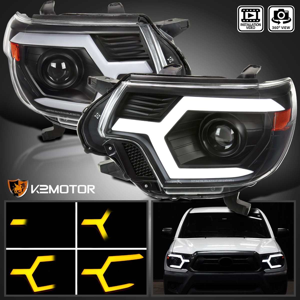 Black Fits 2012-2015 Toyota Tacoma LED Sequential Signal Projector Headlights