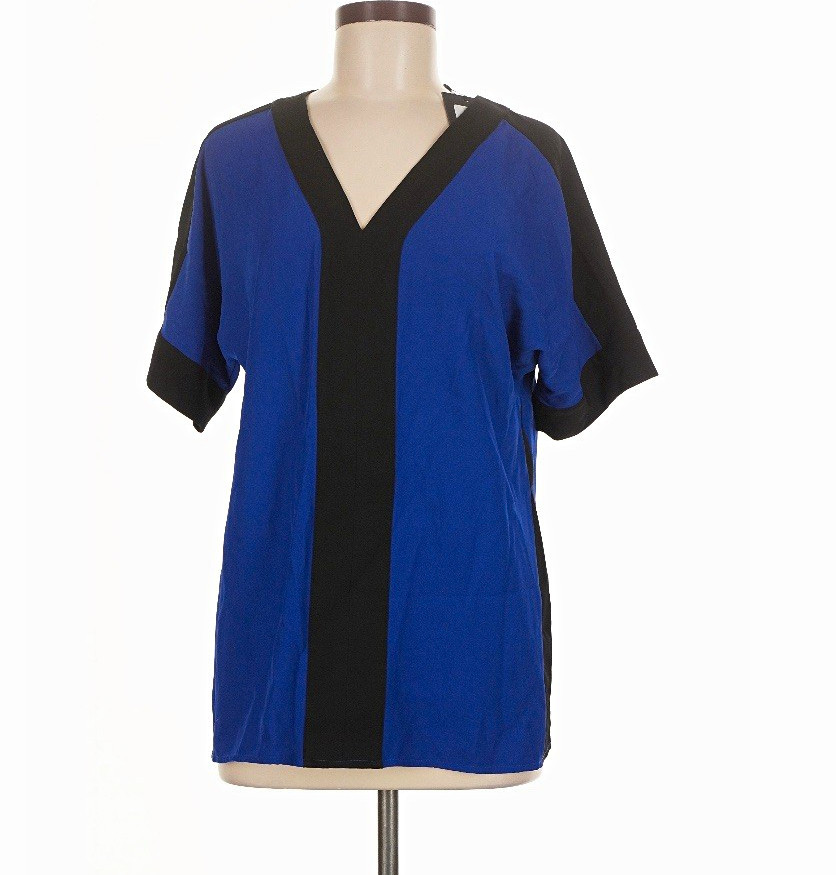 DKNY Women’s Blue/Black Colorblock V-Neck Short Sleeve Pullover Blouse M