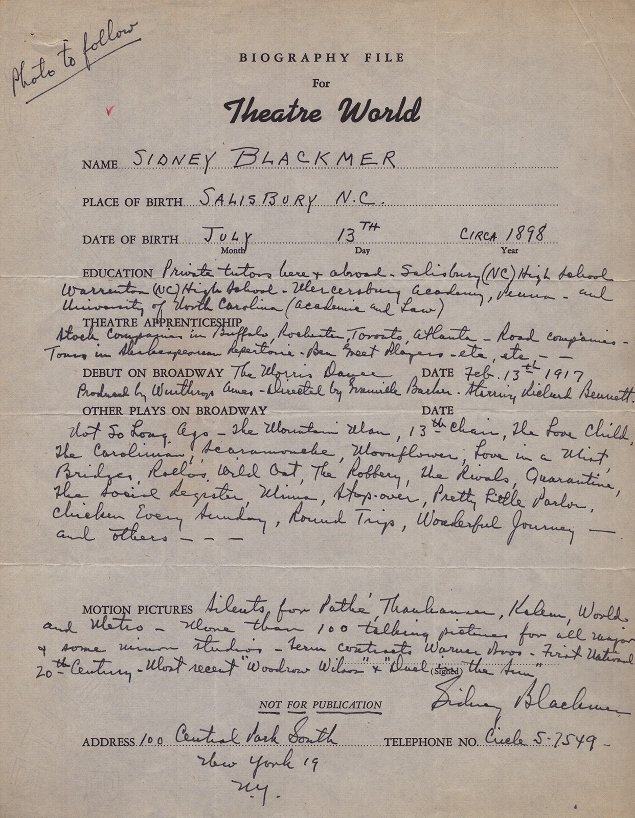 SIDNEY BLACKMER - AUTOGRAPH RESUME SIGNED