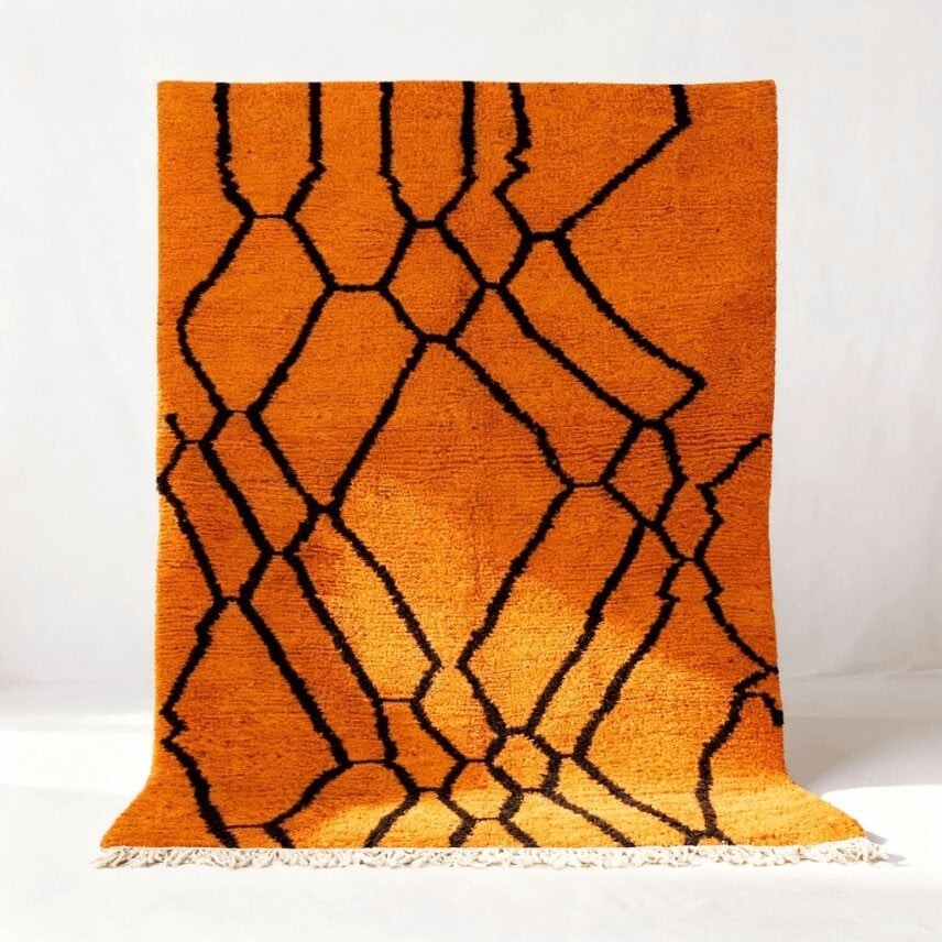Azilal Moroccan Rug Handmade Wool Orange Black Geometric Berber Boho Area Carpet