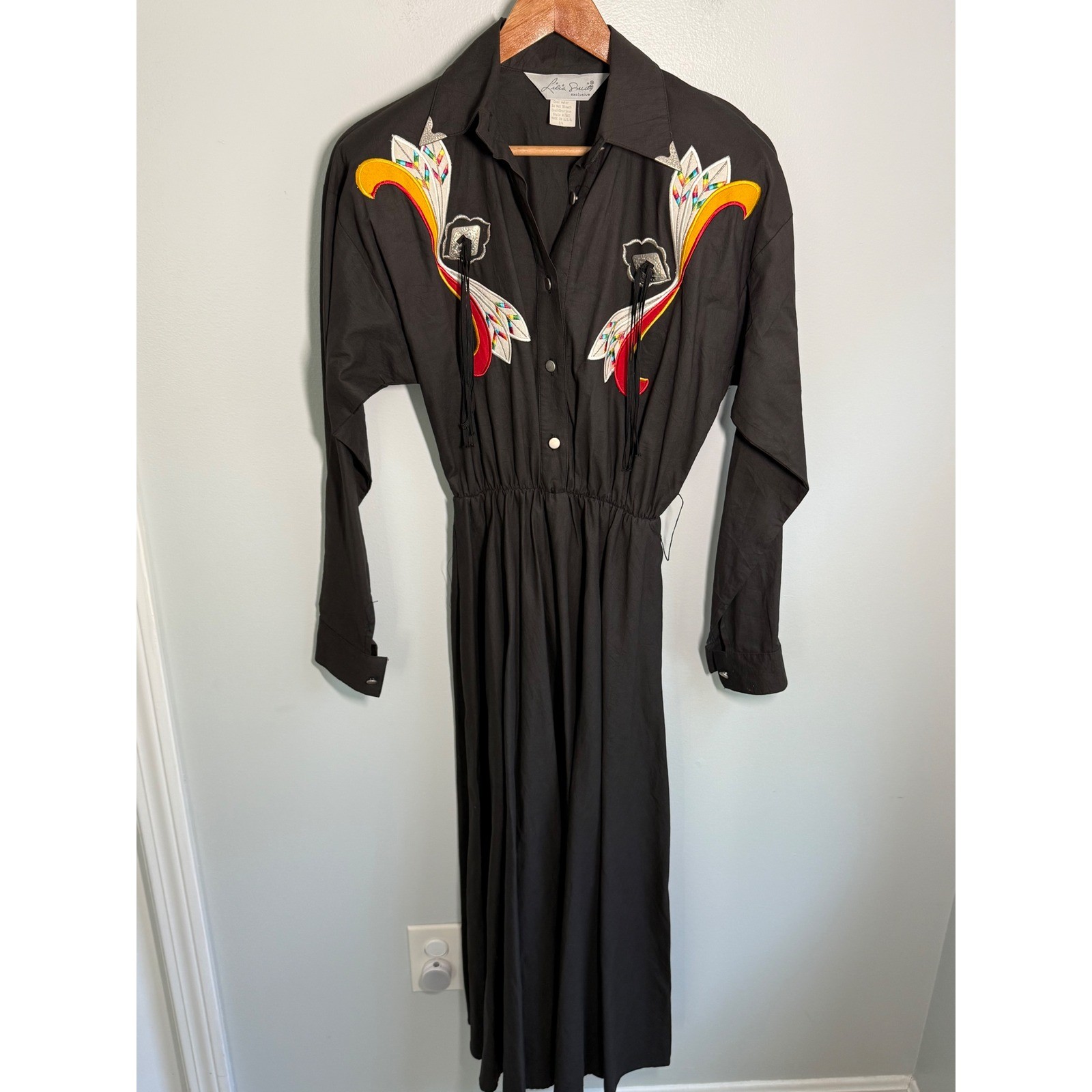 Vintage Lilia Smitty Exclusive Western Dress 80s Embroidered Fringe Black 3/4 Vintage Lilia Smitty Exclusive Western Dress 80s Embroidered Fringe Black 3/4