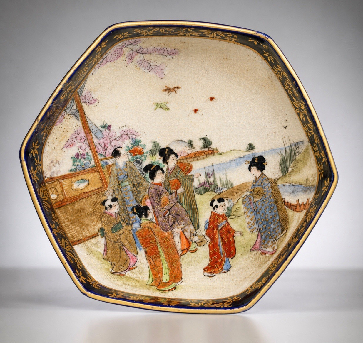 Rare Japanese Meiji Cobalt Blue Satsuma Vase By Kinkozan Porcelaine