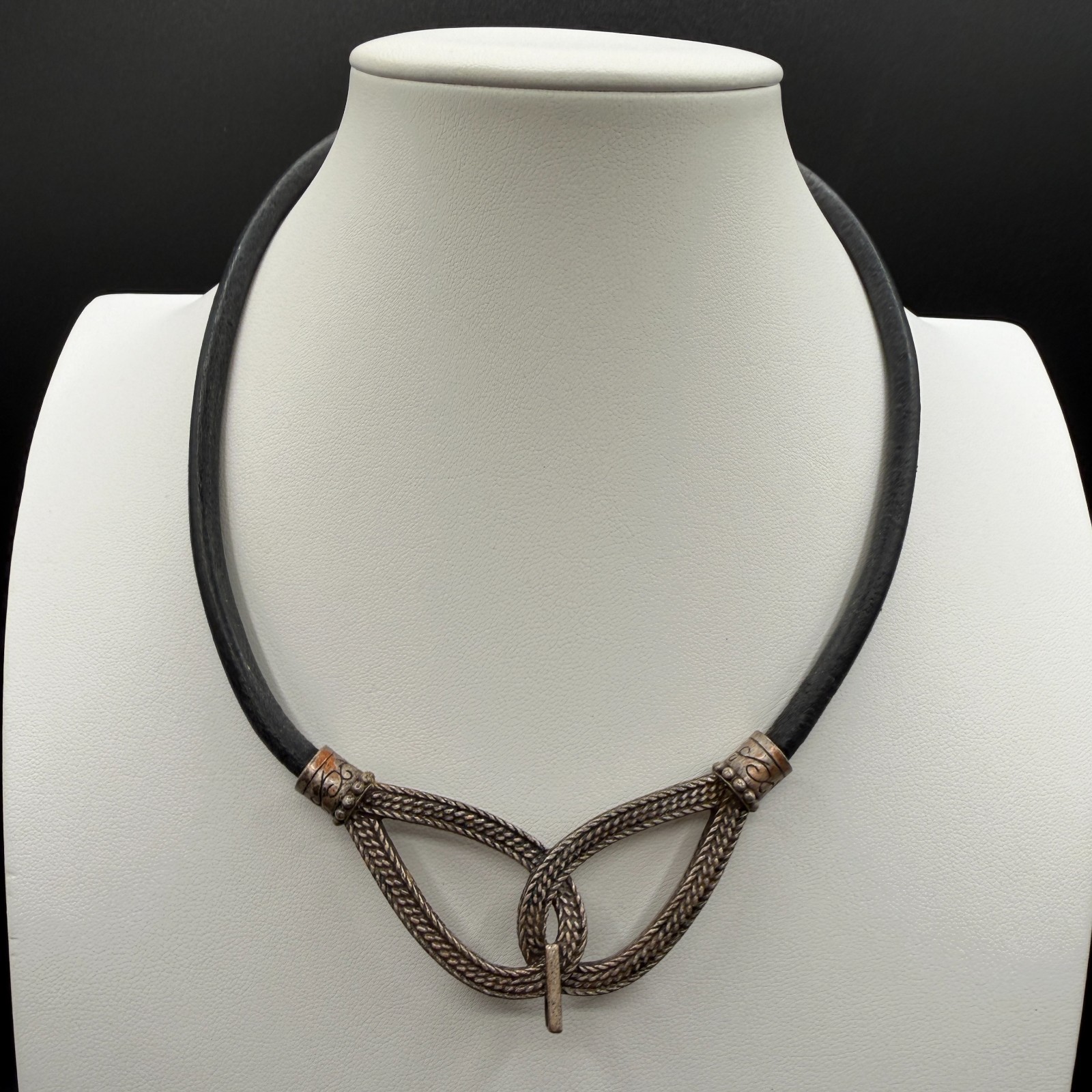 Celtic Knot Black Cord Necklace Antiqued Silver Tone Medieval Statement Jewelry