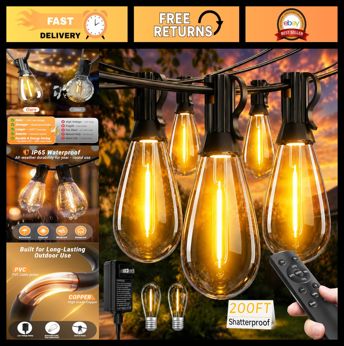 200FT LED Outdoor String Lights with Remote, 72 Shatterproof Bulbs, Dimmable, 3 200FT LED Outdoor String Lights with Remote, 72 Shatterproof Bulbs, Dimmable, 3
