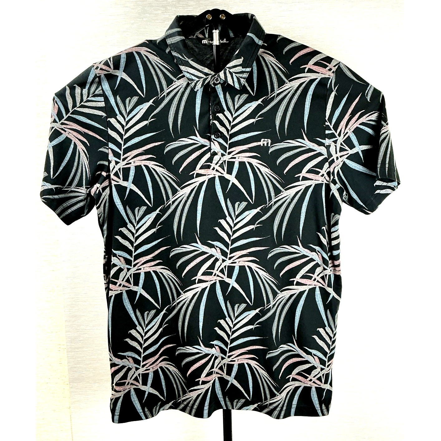 TravisMathew Buzz Words Golf Polo Shirt Mens Large L Black Blue Palm Tropical