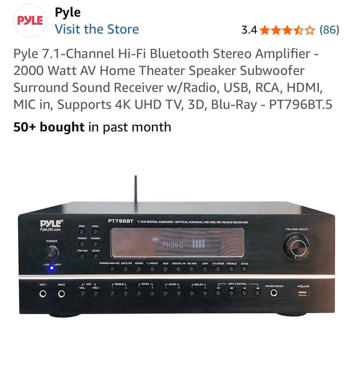 Pyle PT796BT 2000W 7.1 Channel Bluetooth Home Theater Receiver 4K HDMI AV Amp