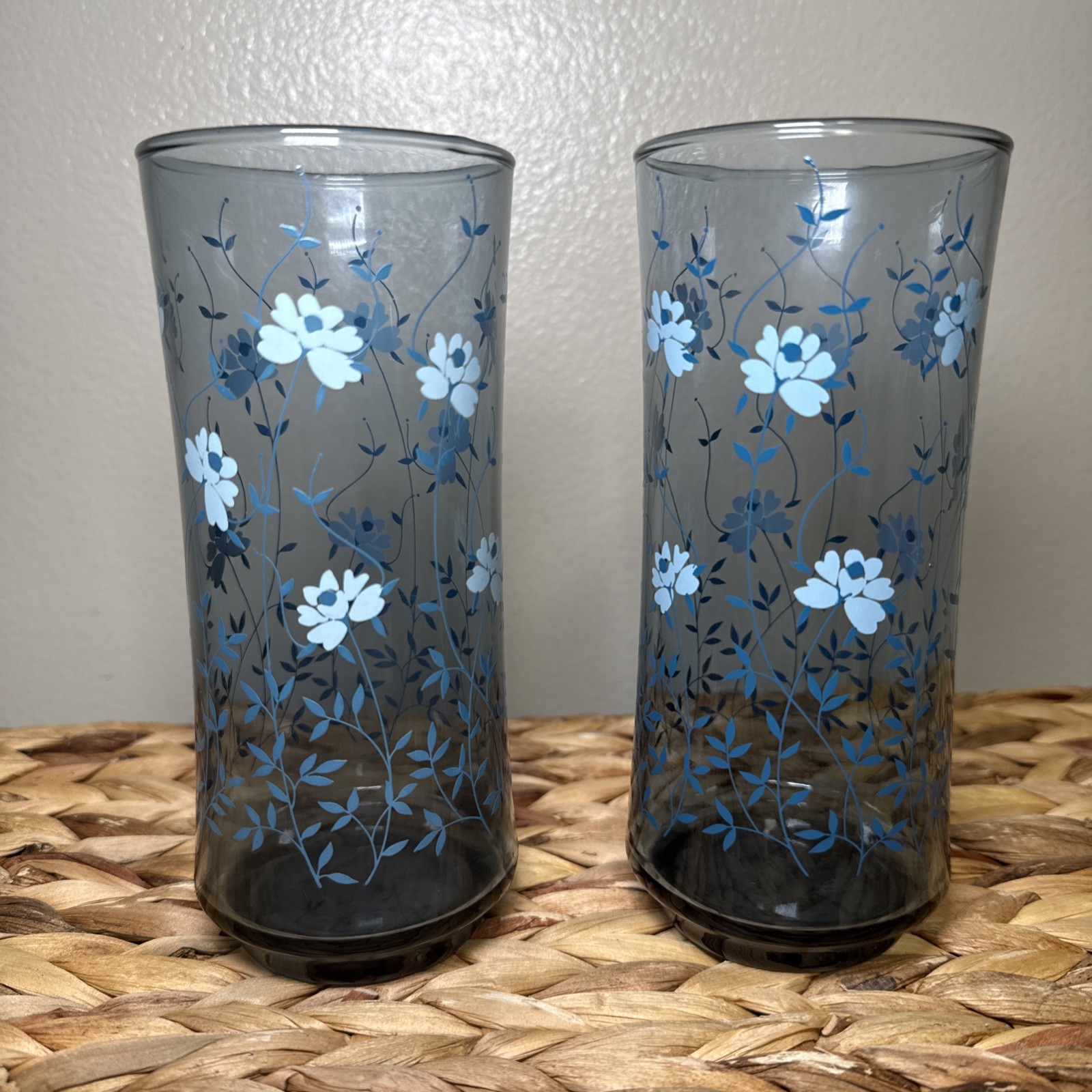 Vintage Libbey Tawny Blue Floral Tumblers Set of 2 Tall Glasses 6.5” Retro MCM