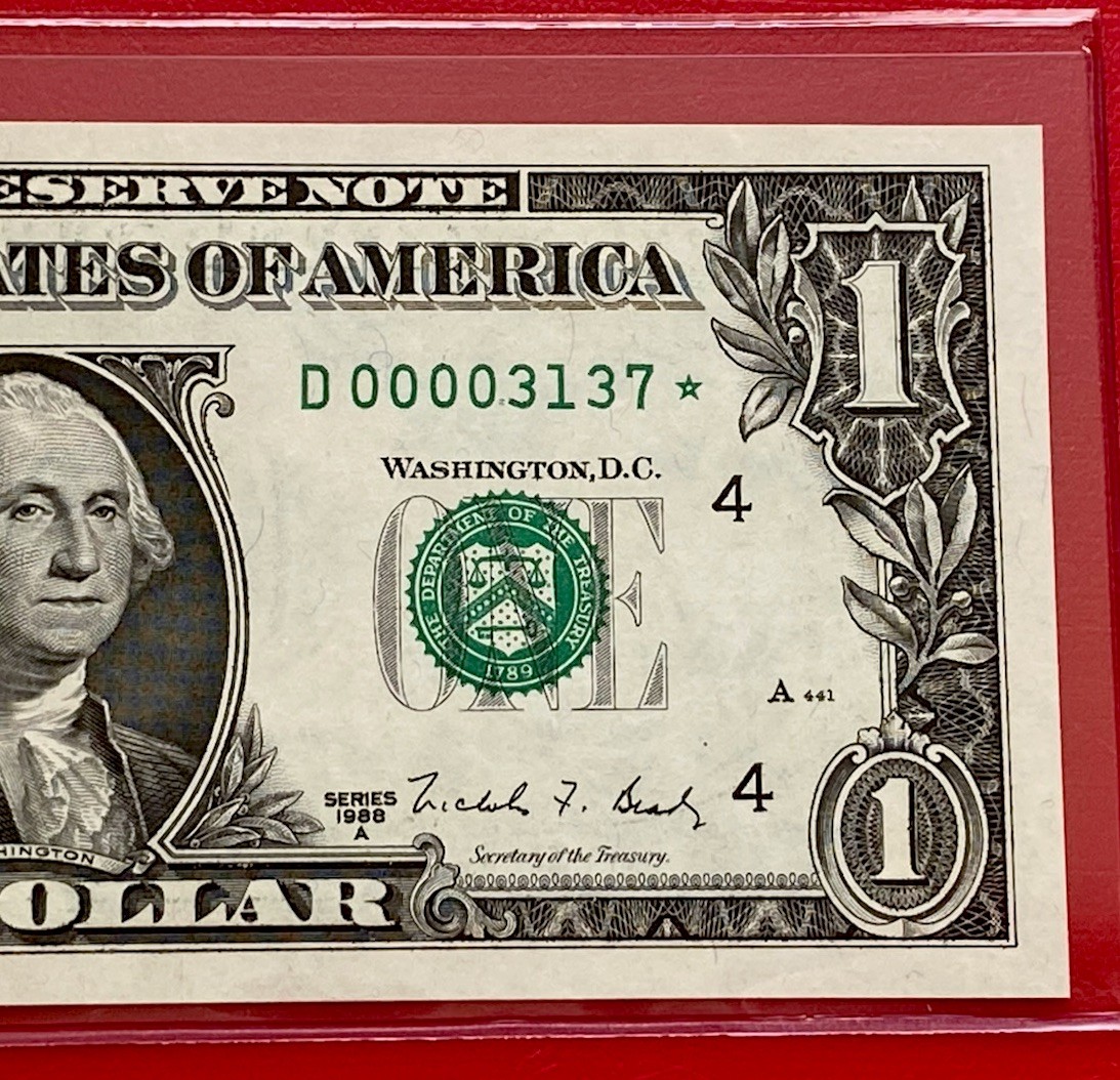 1988 A STAR NOTE $1 DOLLAR BILL ( CLEVELAND D ) Low Serial Number UNCIRCULATED 1988 A STAR NOTE $1 DOLLAR BILL ( CLEVELAND D ) Low Serial Number UNCIRCULATED