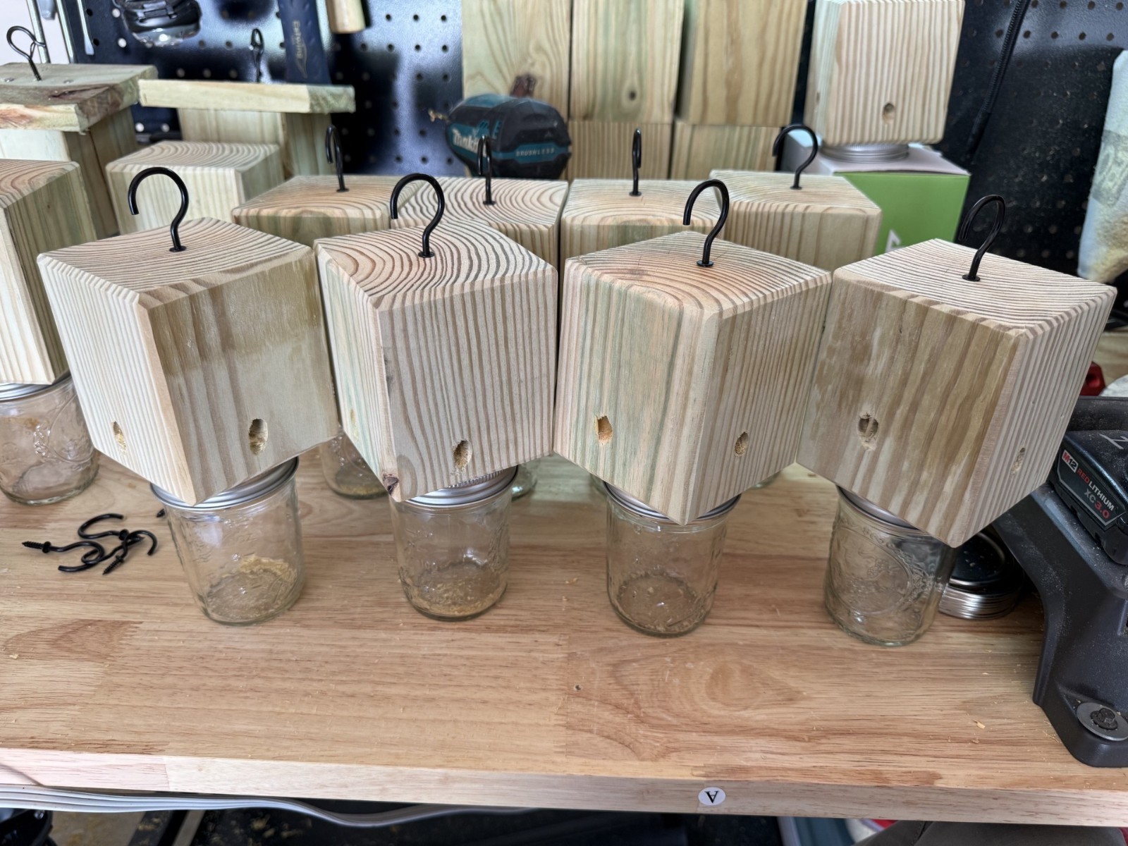 Set Of 2 Handmade Soft Pine Carpenter Bee Traps W/ Jars & Hooks - Works Great