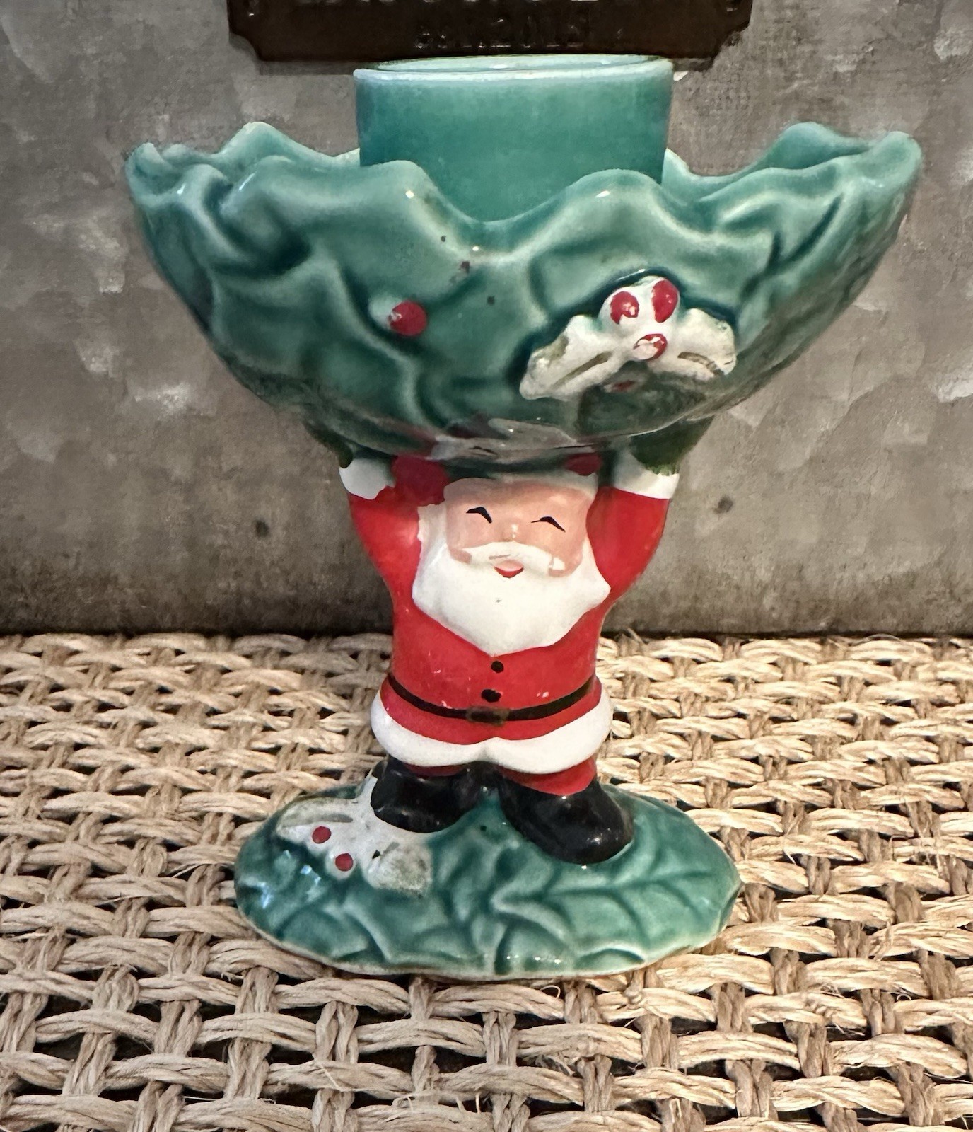 Vintage Napco Ceramic Santa & Holly Leave Candle Holder 1962 Old Fashion Holiday Vintage Napco Ceramic Santa & Holly Leave Candle Holder 1962 Old Fashion Holiday