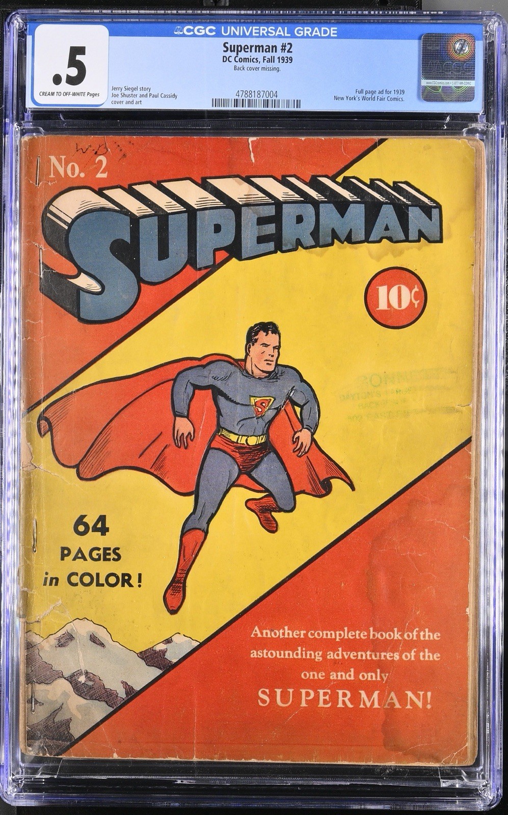 SUPERMAN #2 CGC 0.5 - DC Spring 1939 - GOLDEN AGE COMIC - CR/OW PAGES