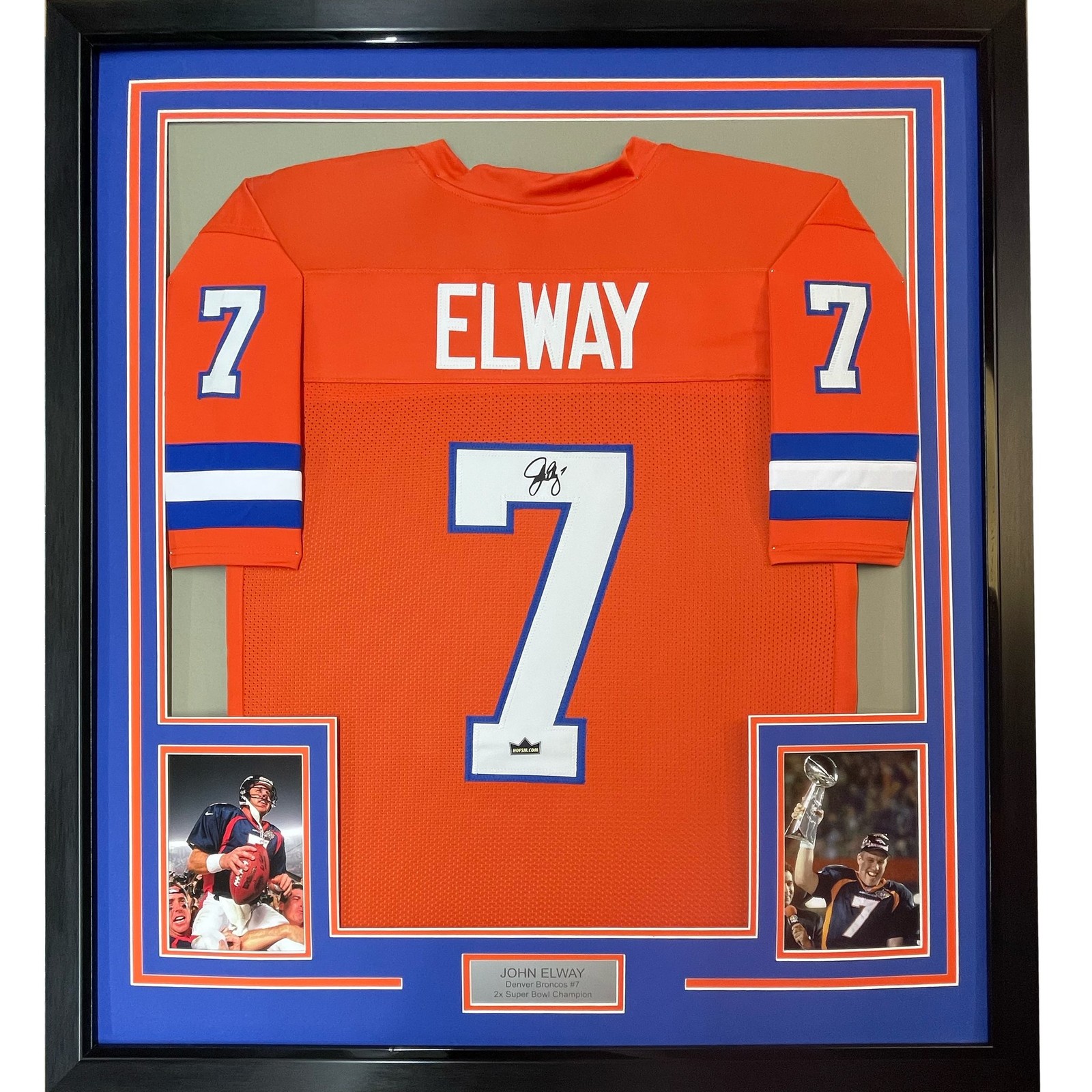 Framed Facsimile Autographed John Elway 35x39 Orange Retro Reprint Jersey