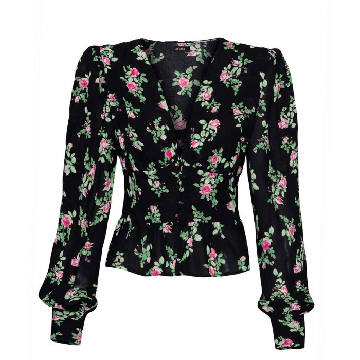 AFRM NWT Women Olivier Button Front Crepe Top Noir Fleur Size XS