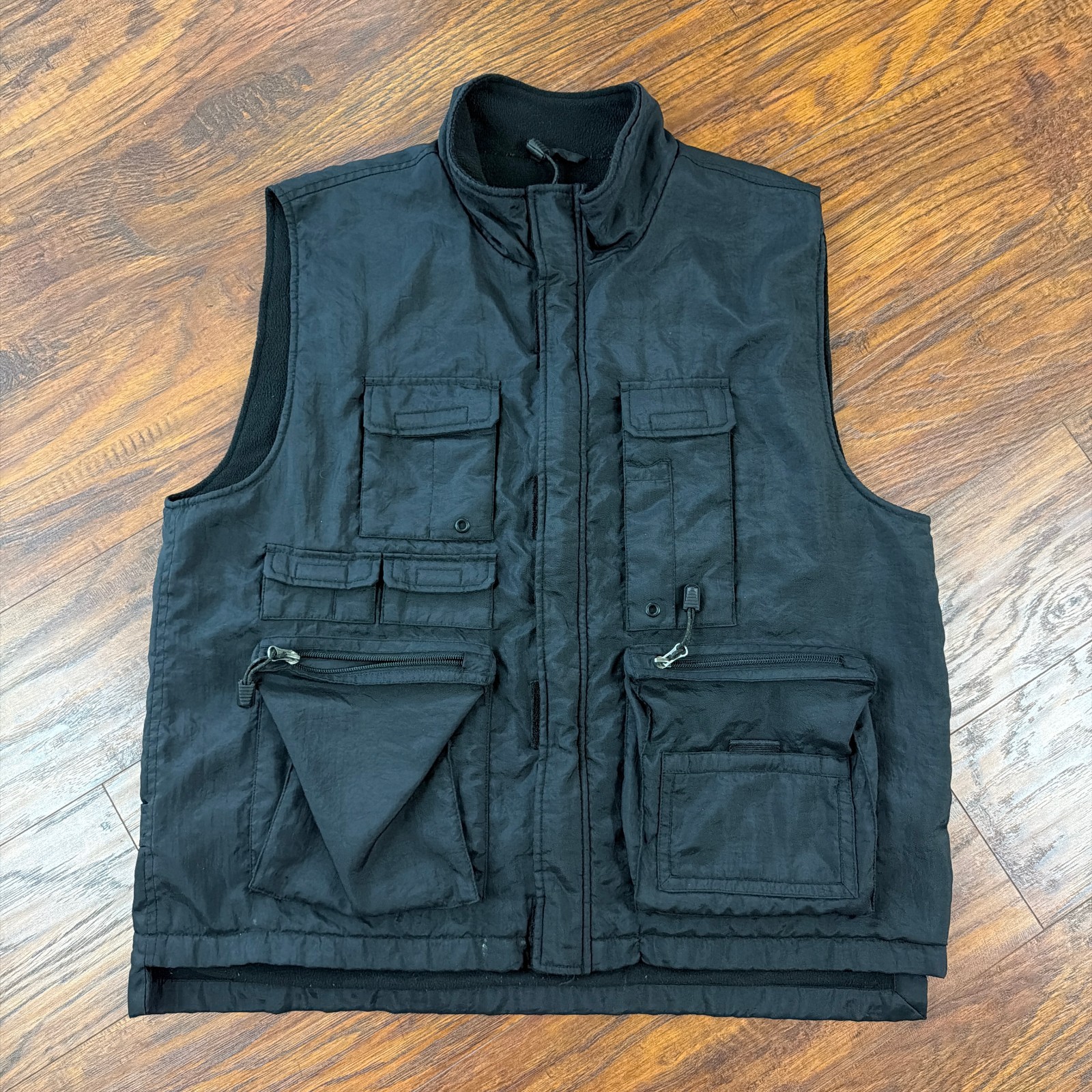 VINTAGE GAP Vest Mens L Black Nylon Full Zip Utility Cargo Lined Outdoors 90s