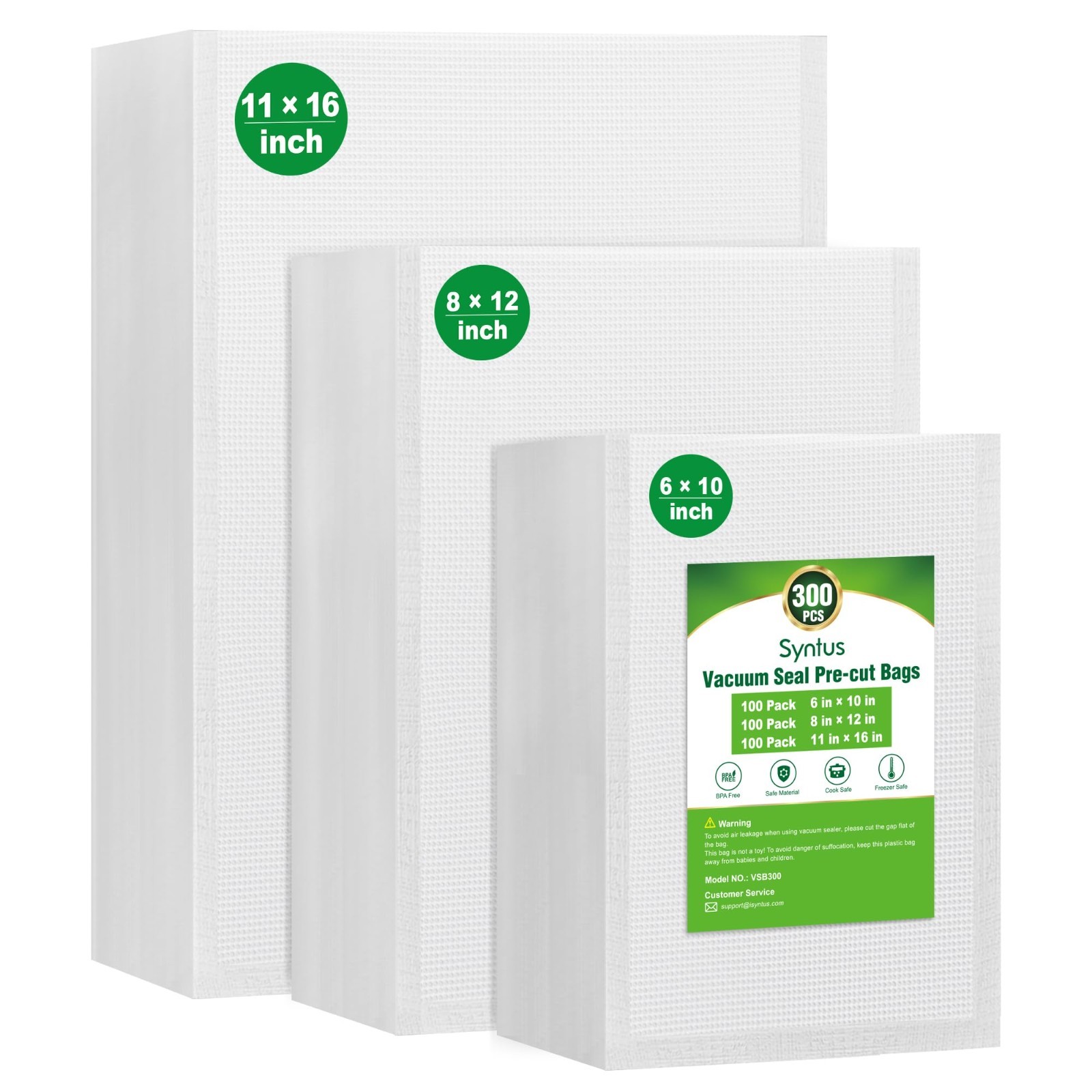 300 Pcs Vacuum Sealer Bags for Food, 8x12+11x16+6x10, BPA Free