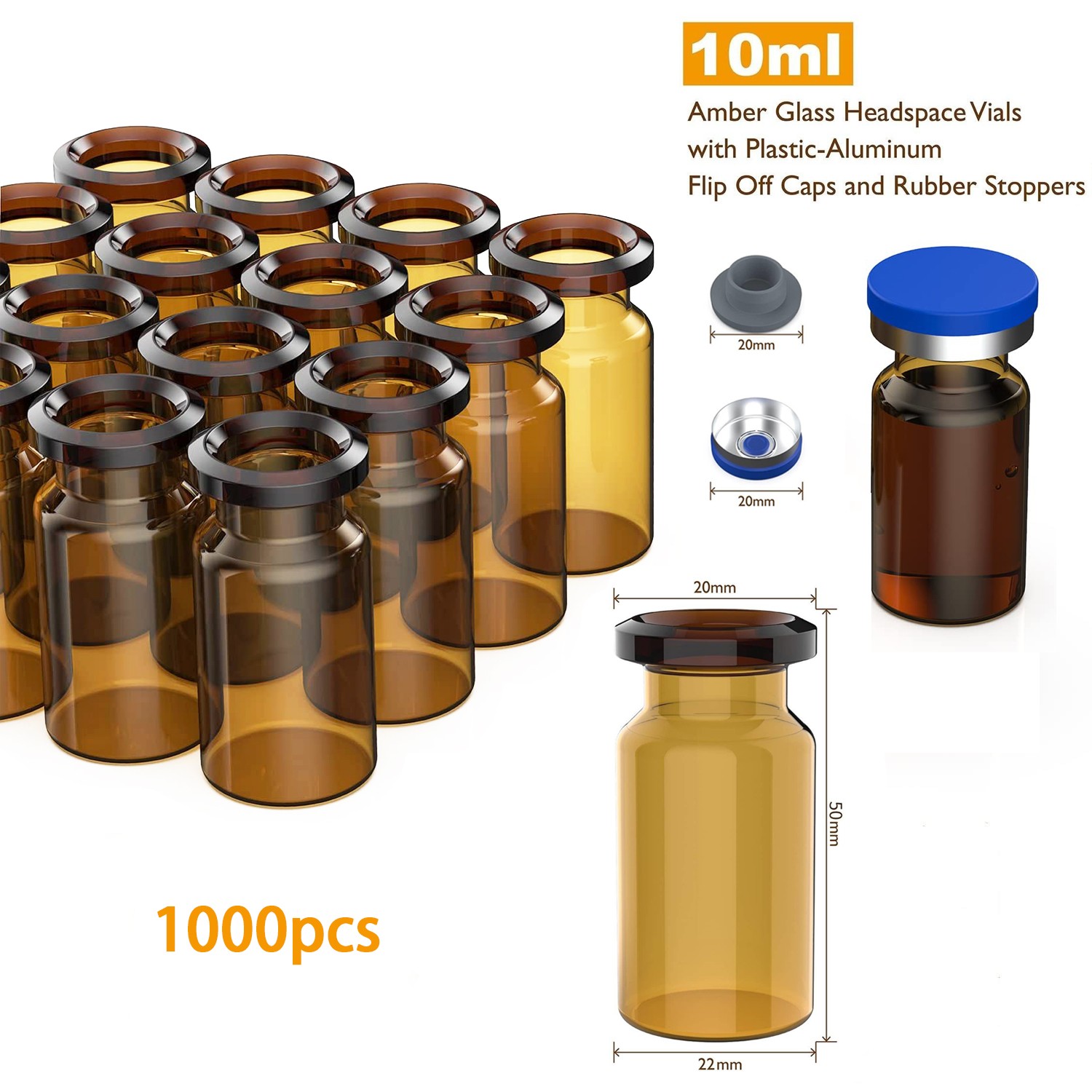 1000Pcs 10ml Amber Glass Vials Headspace Vials Sample Vials w/ Caps Lab vials