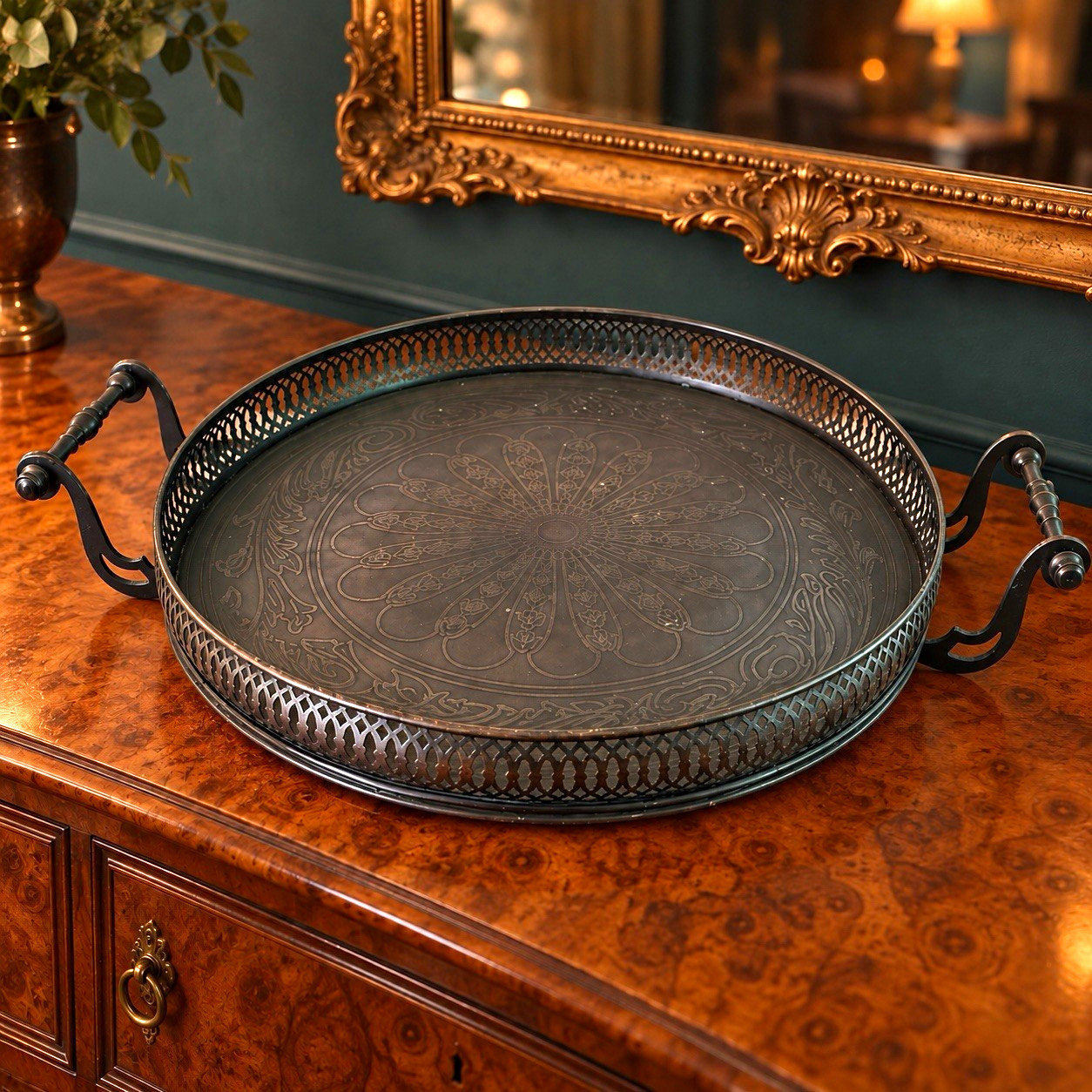 Large Theodore Alexander India Regency-style Verdigris Aged Brass Butlers Tray