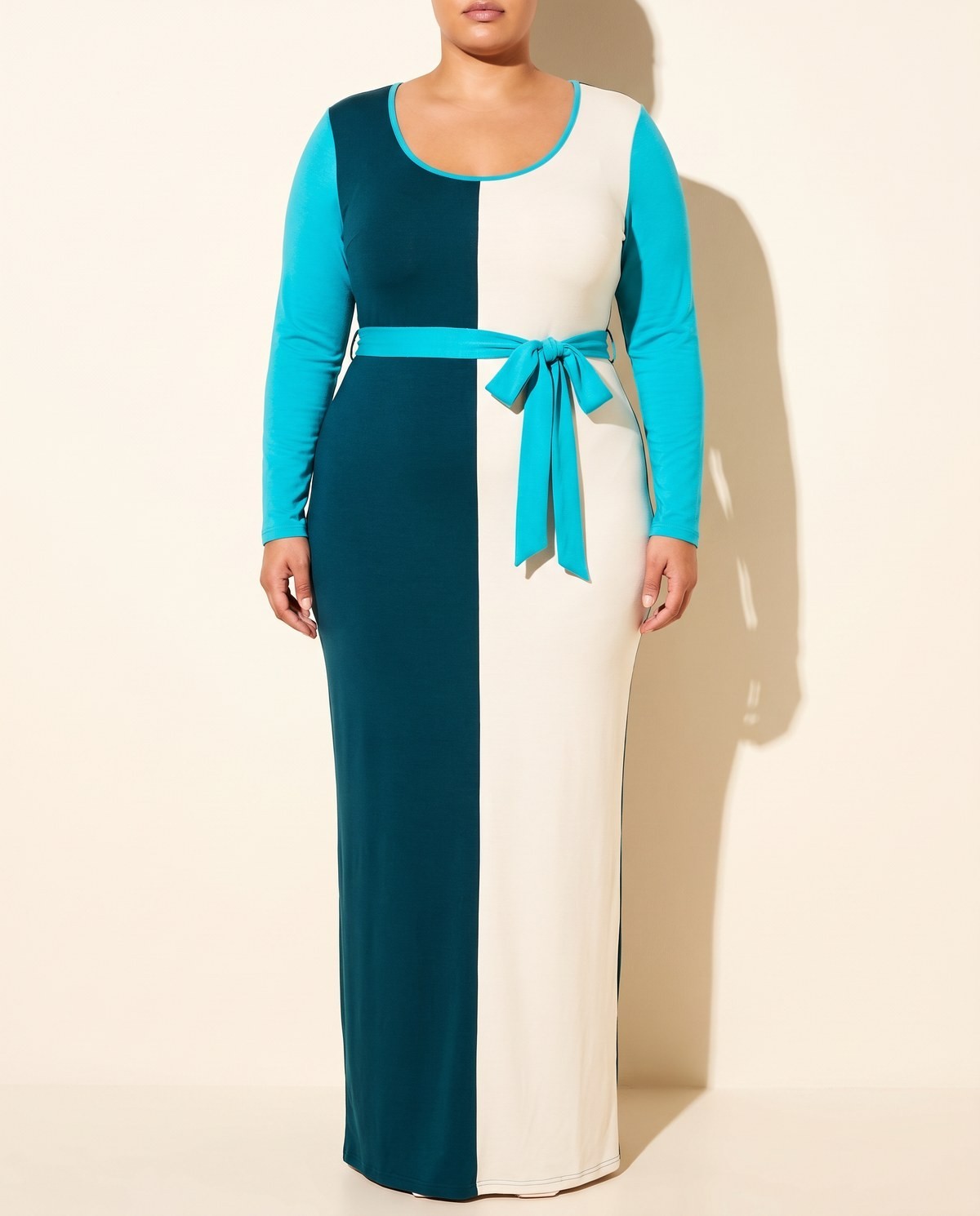 Women\'s Plus Size Long Sleeve Color Block Maxi Dress V Neck 1X 2X 3X