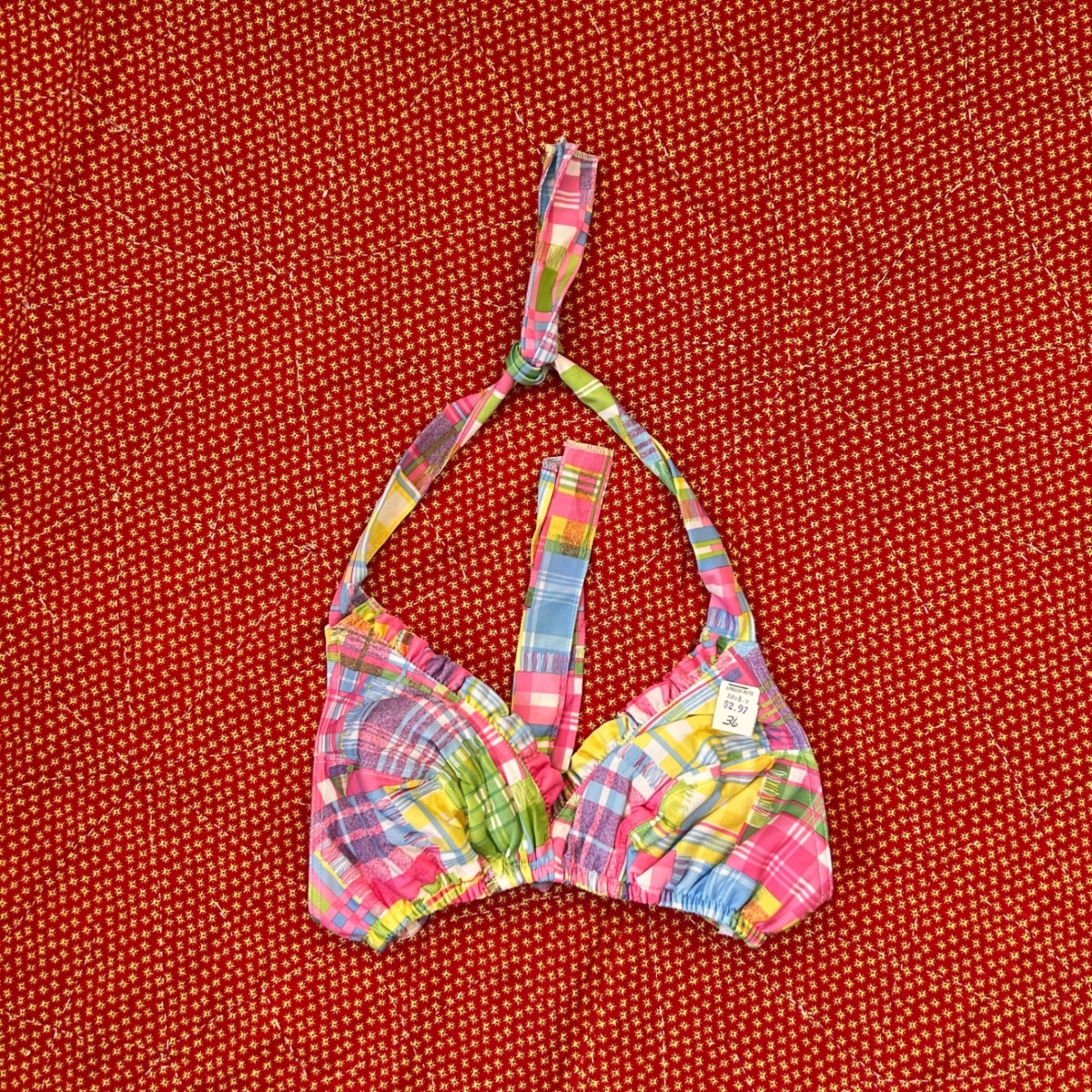 Vintage 70s Deadstock Plaid Patchwork Halter Bikini Top Pink Blue 36 l Vintage 70s Deadstock Plaid Patchwork Halter Bikini Top Pink Blue 36 l