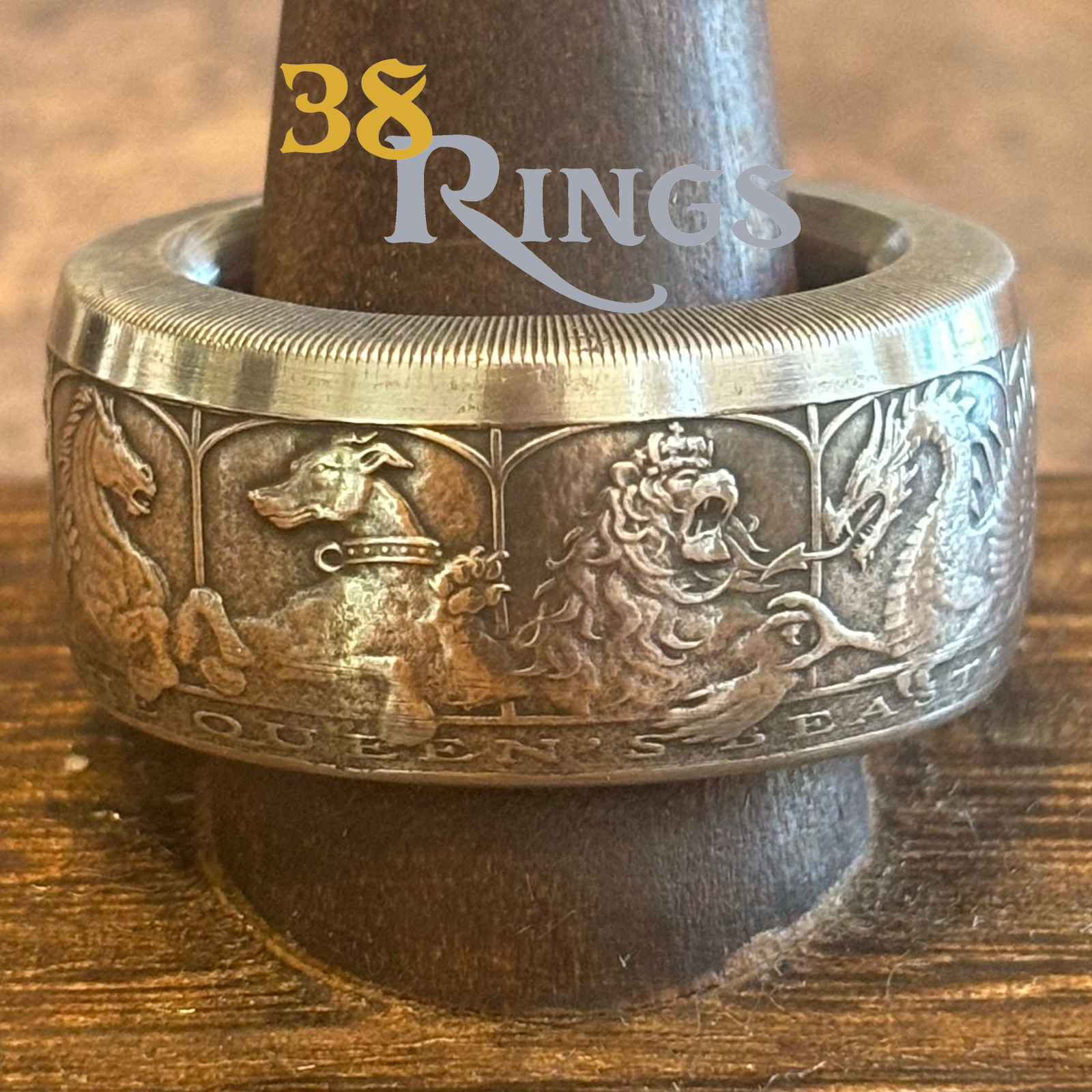 EXCLUSIVE GIGANTIC PURE SILVER Queen's Beasts 2Ozt COIN RING SIZE 9-13 UK Euro