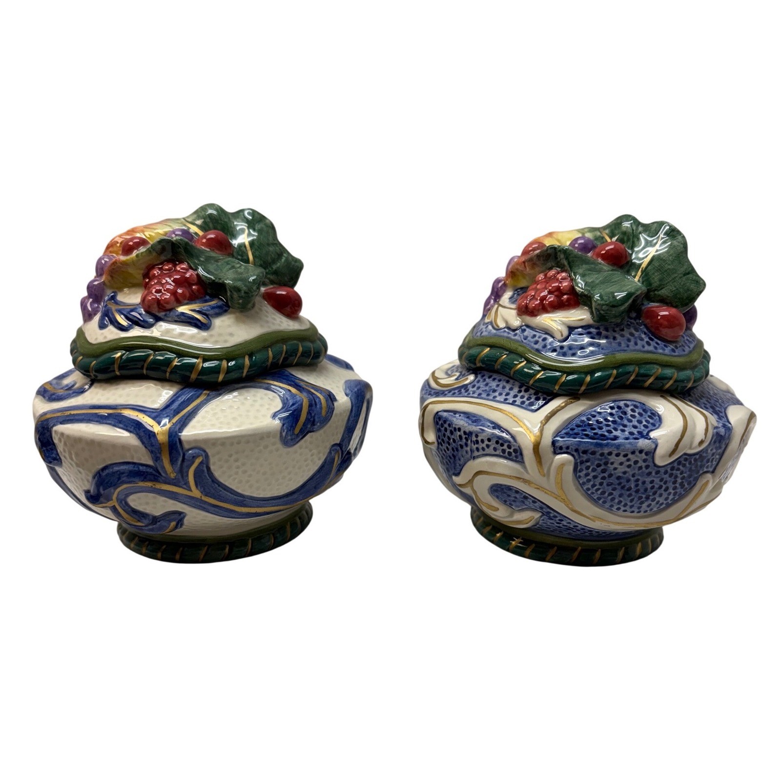 Fitz and Floyd Fruit Harvest Trinket Boxes Set of 2 Ceramic Blue Gold Lidded Fitz and Floyd Fruit Harvest Trinket Boxes Set of 2 Ceramic Blue Gold Lidded