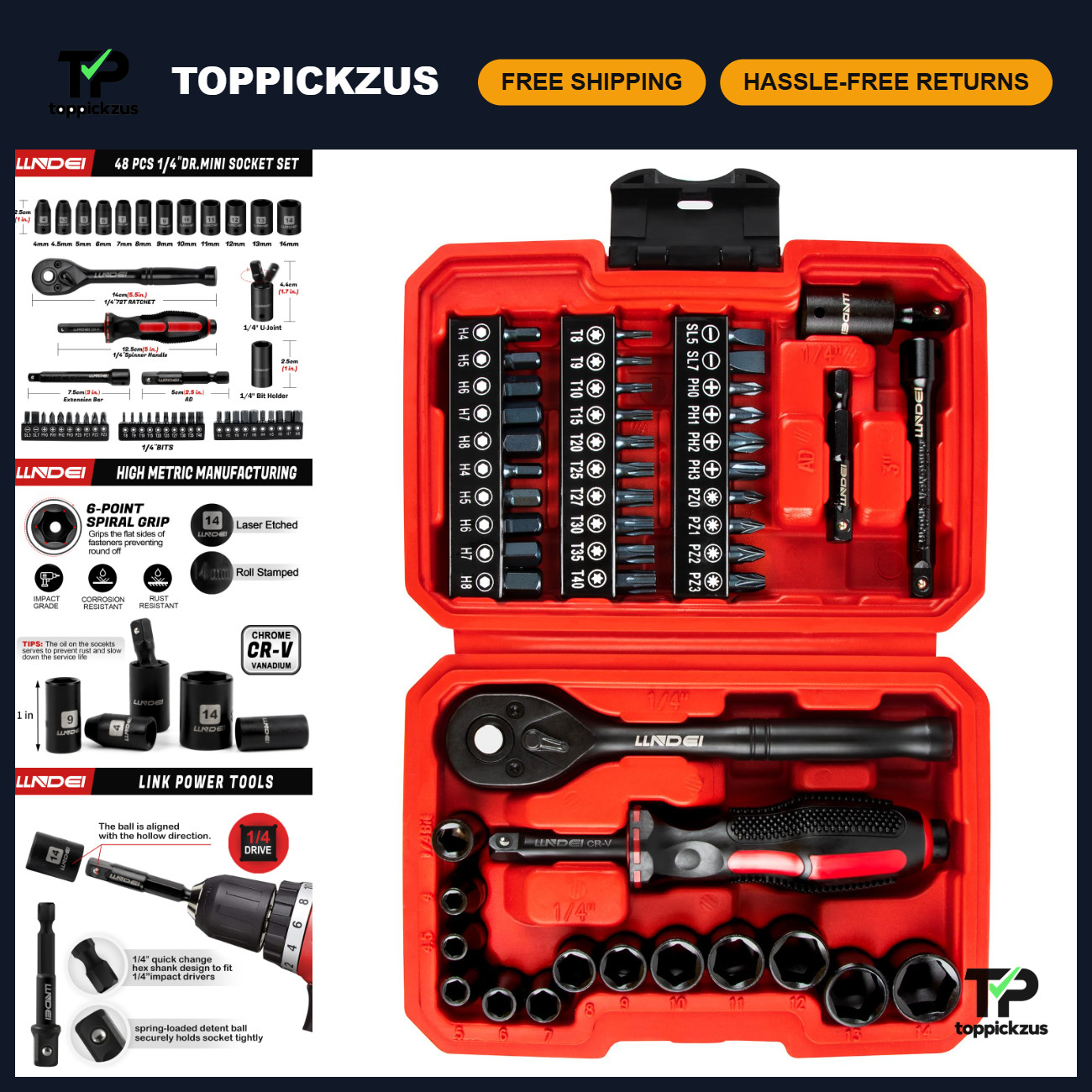 48-Piece Mini Socket Ratchet Wrench Set, 1/4