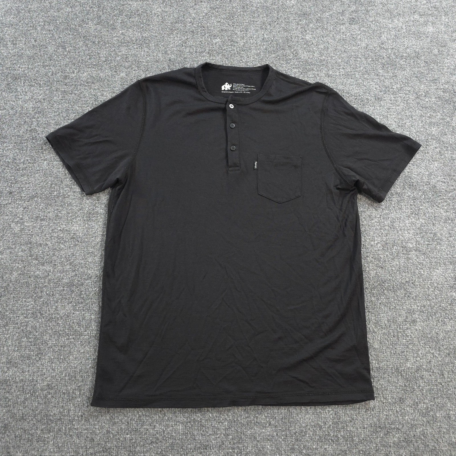 Woolly Shirt Mens Large Black 100% Merino Wool Henley Pocket Tee Base Layer Hike