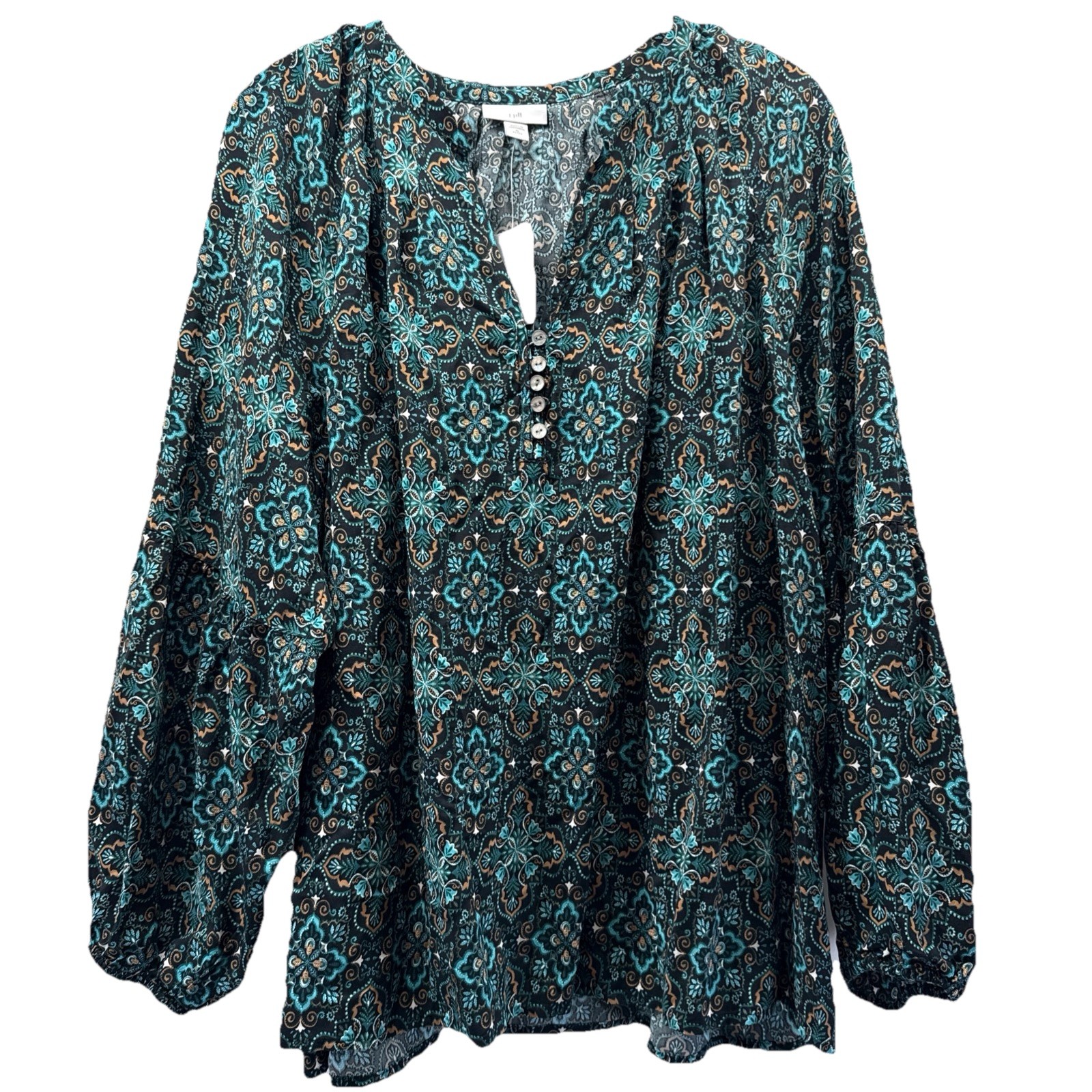 J Jill  Women\'s Top Sz XL Petite Blue Black Medallian Long Sleeve Buttons V Neck