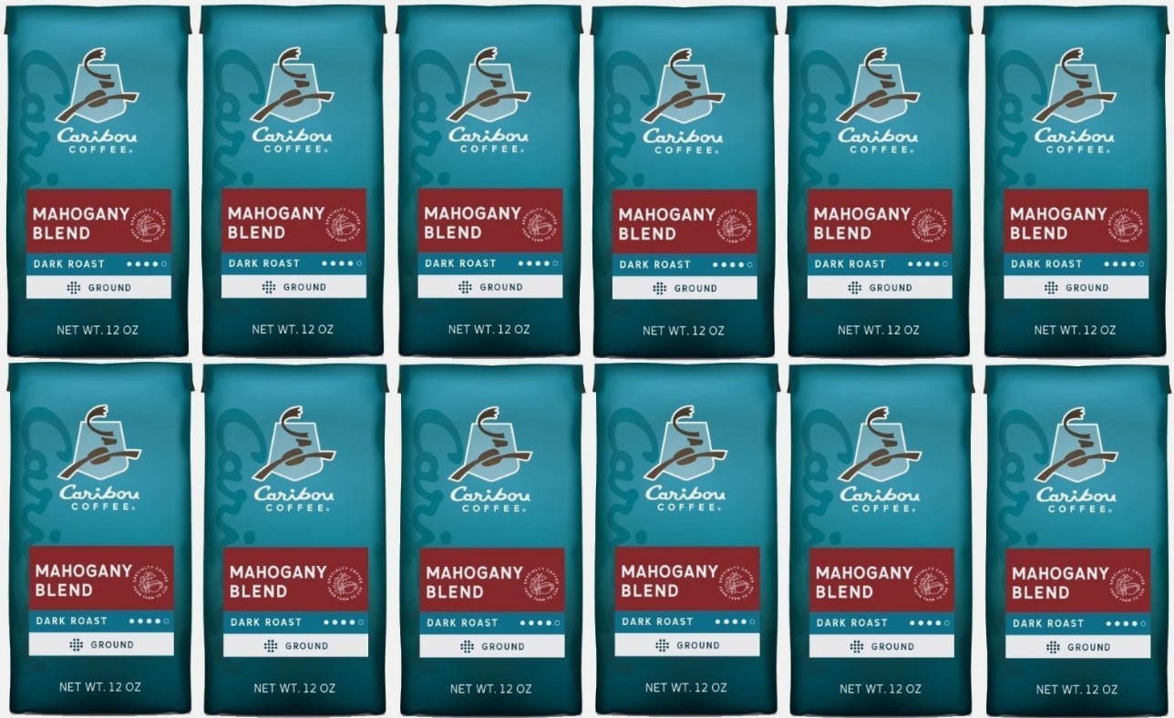Caribou Coffee Mahogany Blend Ground Coffee Dark Roast, 12 Bags, DEC/2026