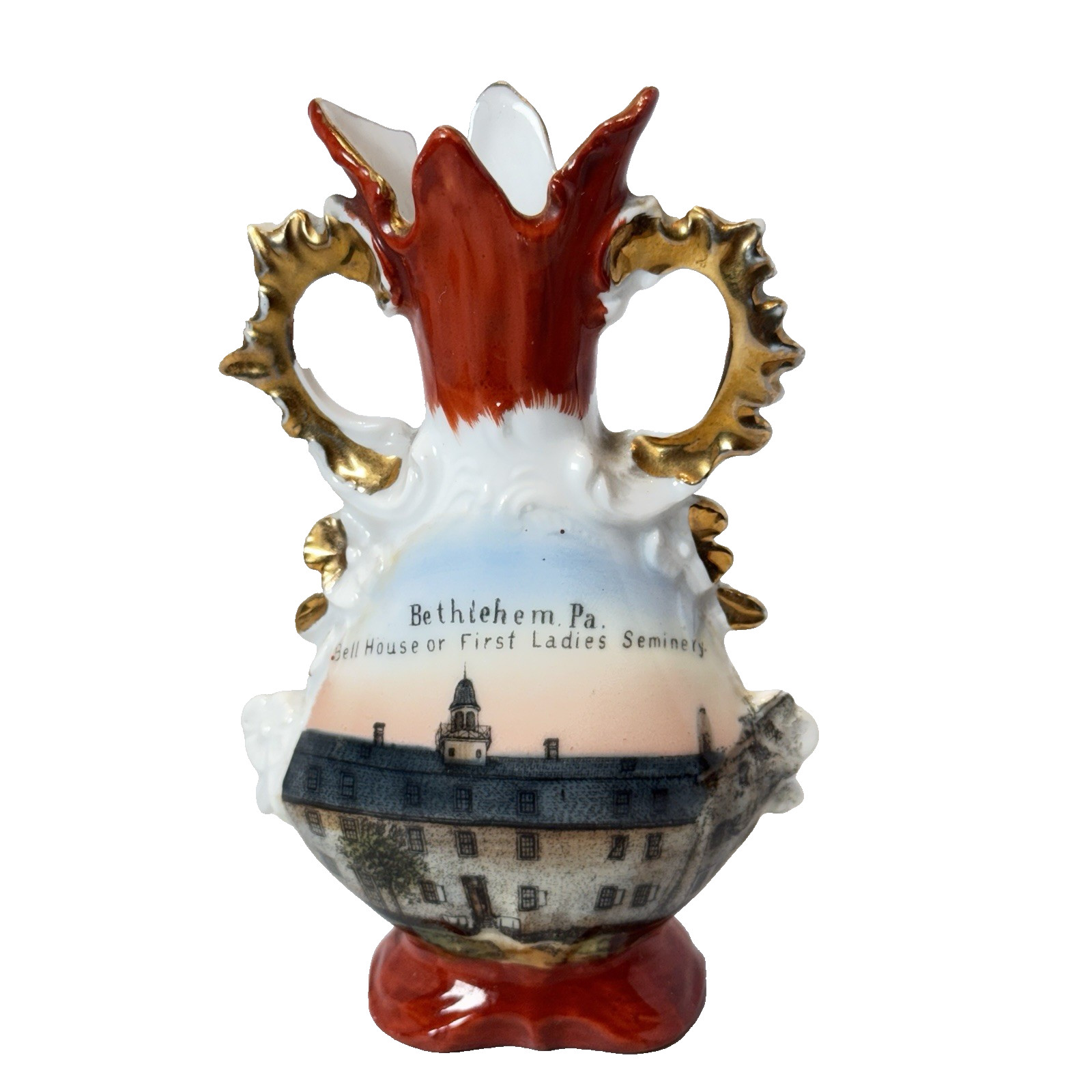 BETHLEHEM Pennsylvania PA Antique LADIES SEMINERY Souvenir TRINKET GOLD VASE