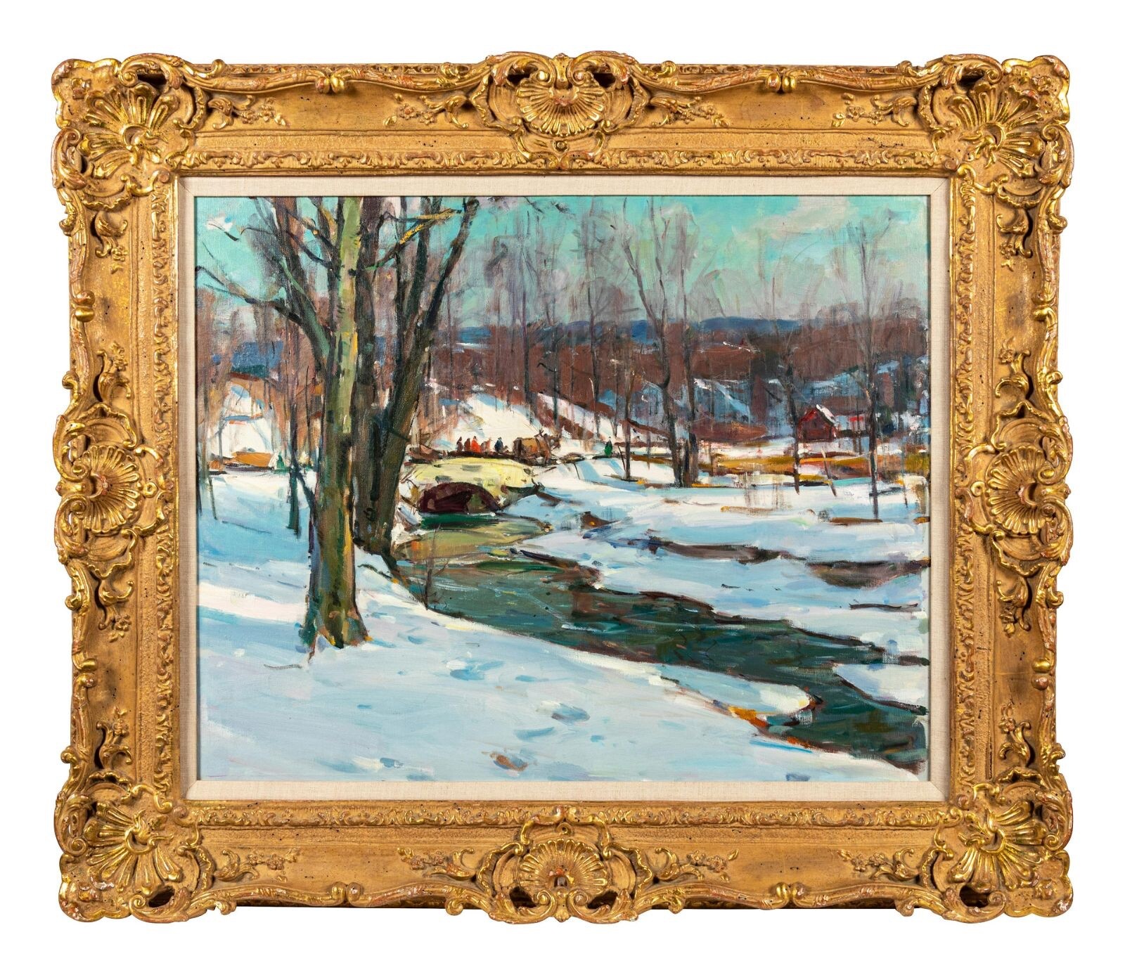 CARL WILLIAM PETERS Winter scene - The wagon ride, original oil on canvas, COA