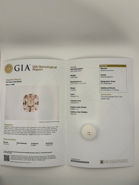 Padparadscha Sapphire, No Heat, 0.97ct – GIA Certified, Eye Clean Cushion
