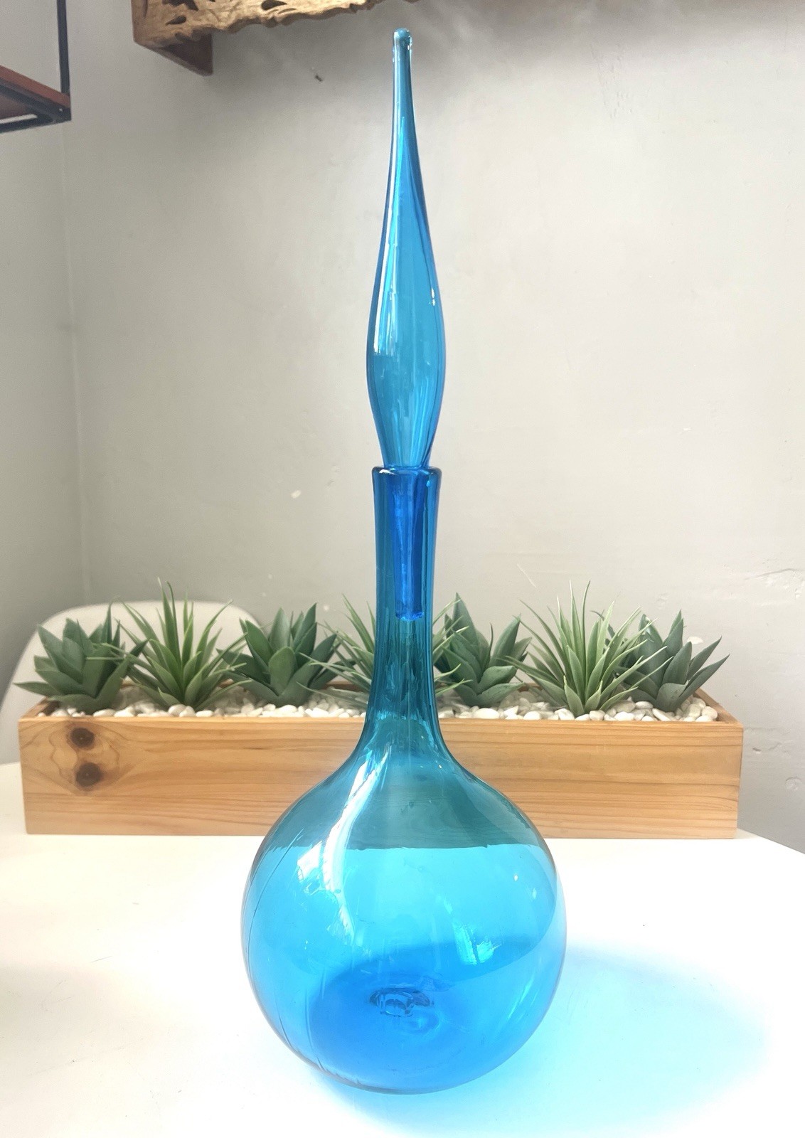 Vintage MCM Blenko Glass 627L Decanter In Turquoise 18” W/flame Stopper Vintage MCM Blenko Glass 627L Decanter In Turquoise 18” W/flame Stopper