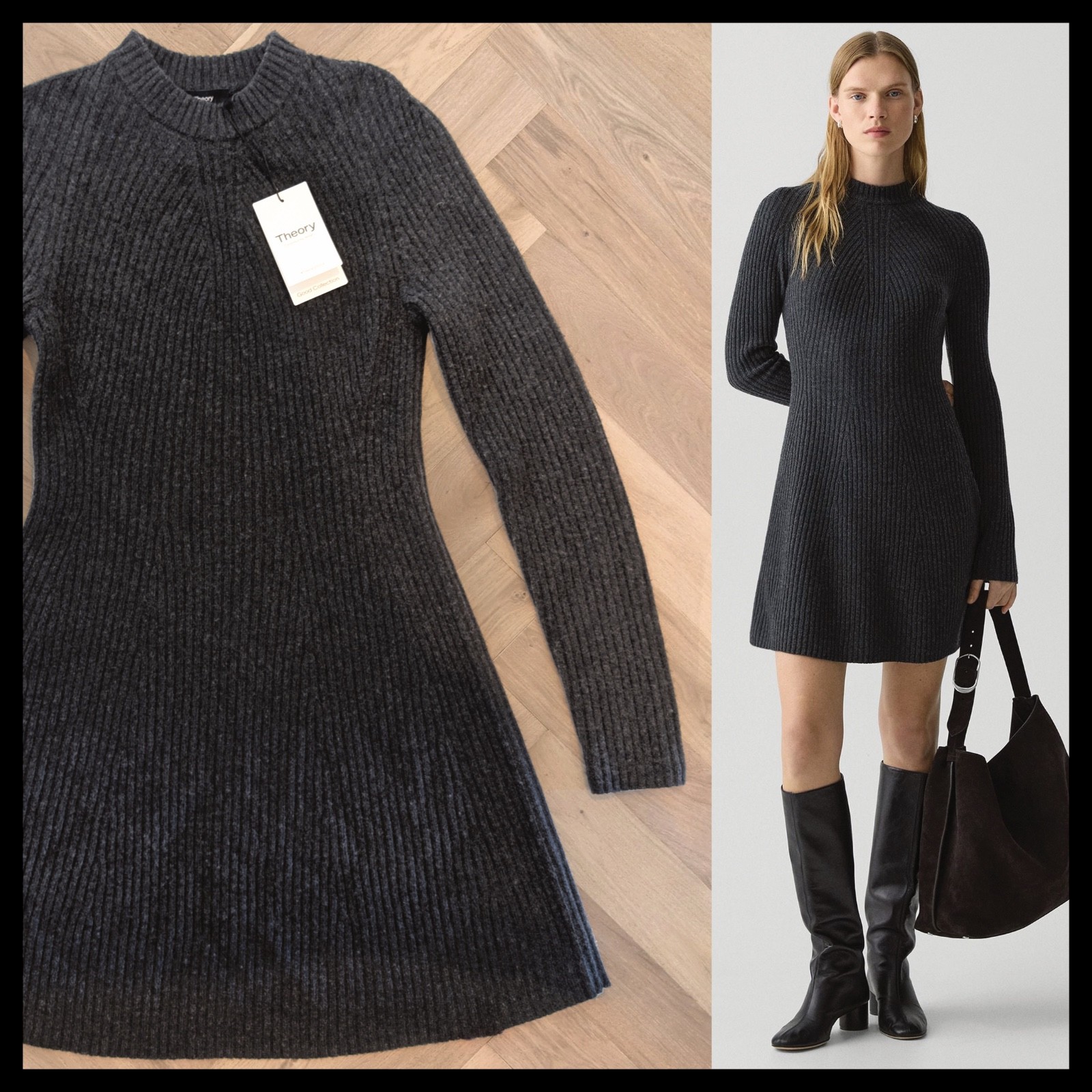 NWT $445 THEORY New Season Long Sleeve Sweater Dress Wool Cashmere Knit Gray Med