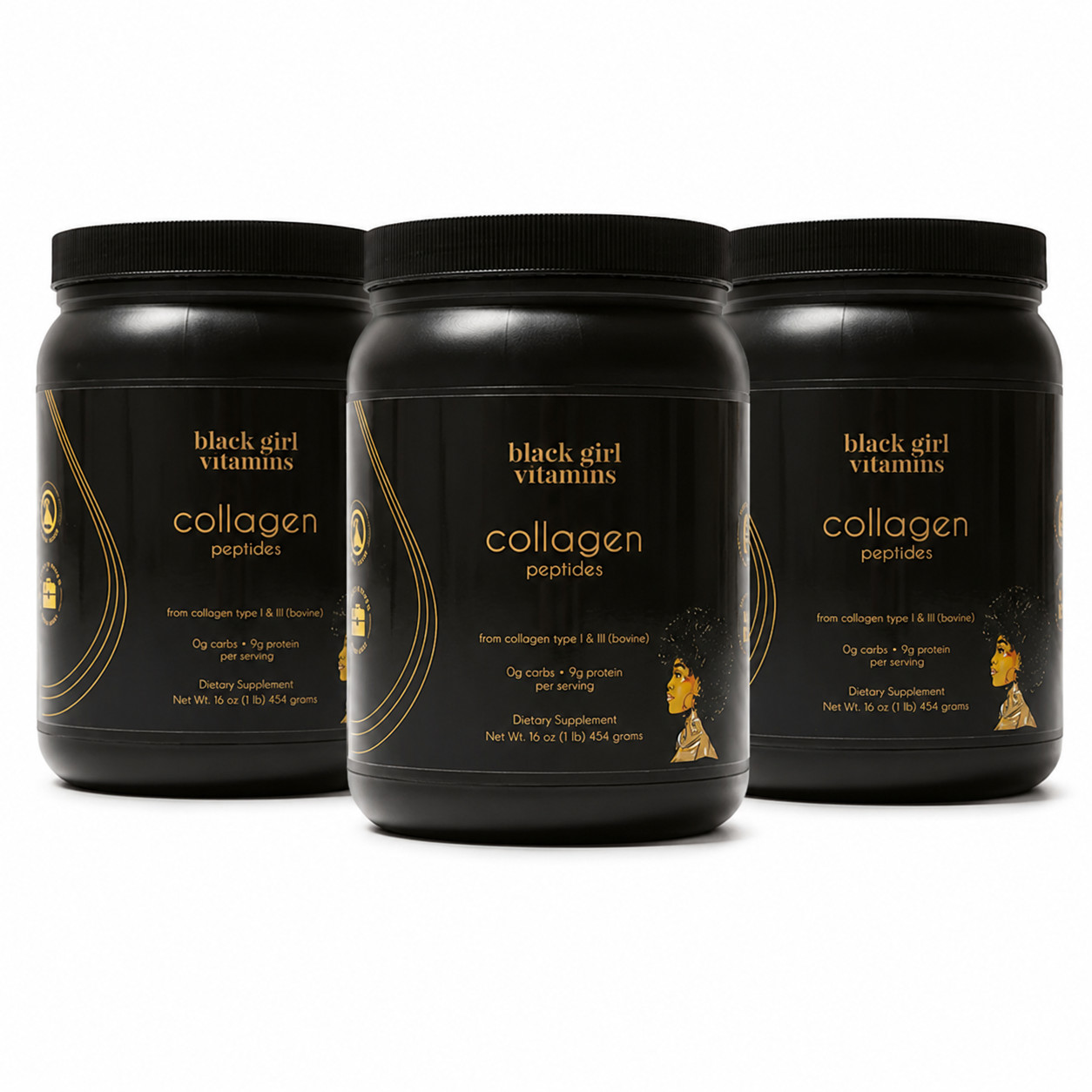 Black Girl Vitamins Collagen Peptides Powder Unflavored 16 oz 3-Pack