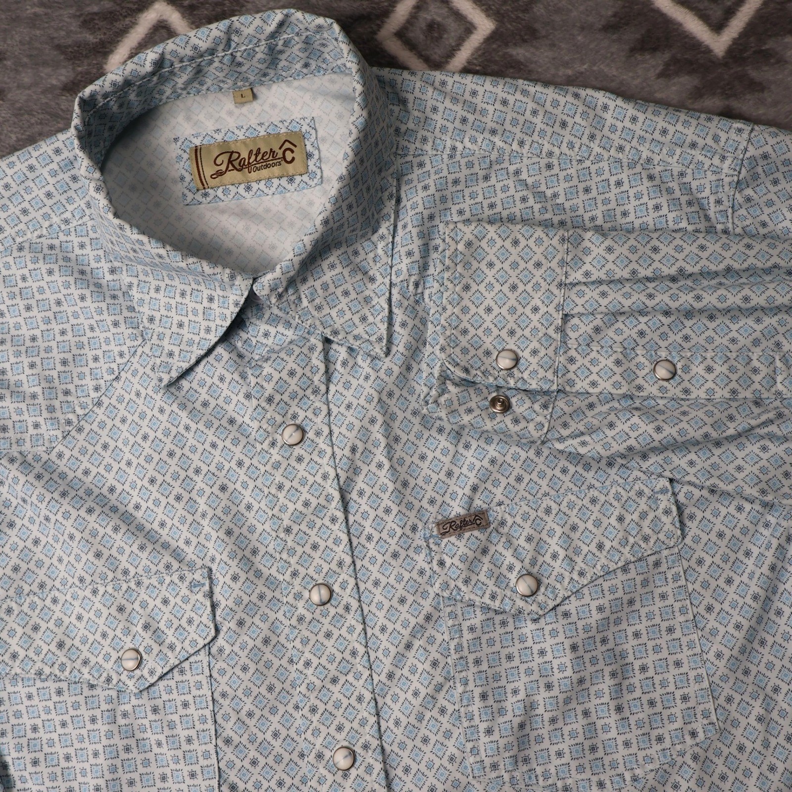 Rafter C Outdoors Mens Blue Geometric Western Stretch Snap Shirt Large RCF25107 Rafter C Outdoors Mens Blue Geometric Western Stretch Snap Shirt Large RCF25107