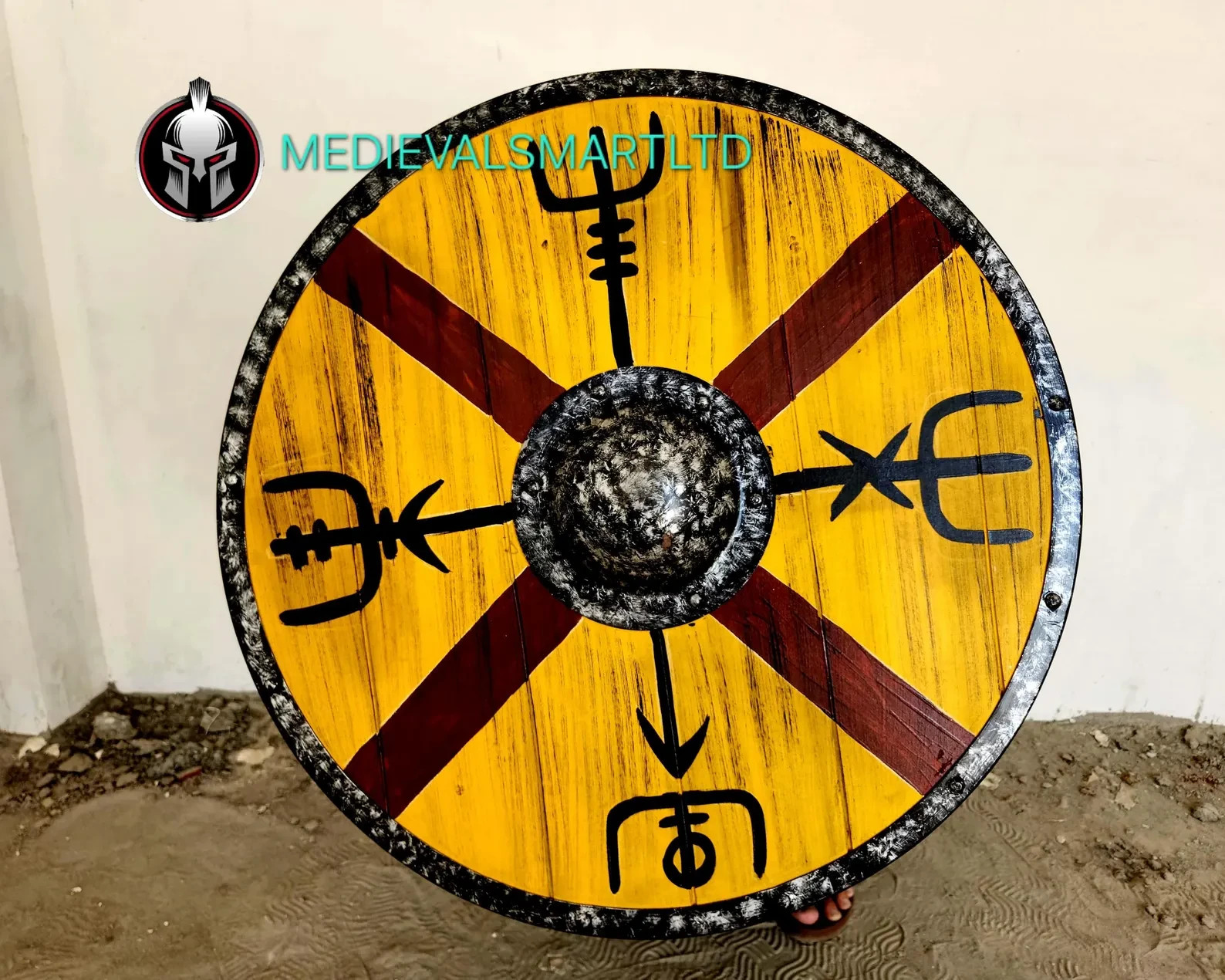 Handmade Viking Wooden Battle Shield: Yellow & Red Norse Runes, LARP Reenactment Handmade Viking Wooden Battle Shield: Yellow & Red Norse Runes, LARP Reenactment