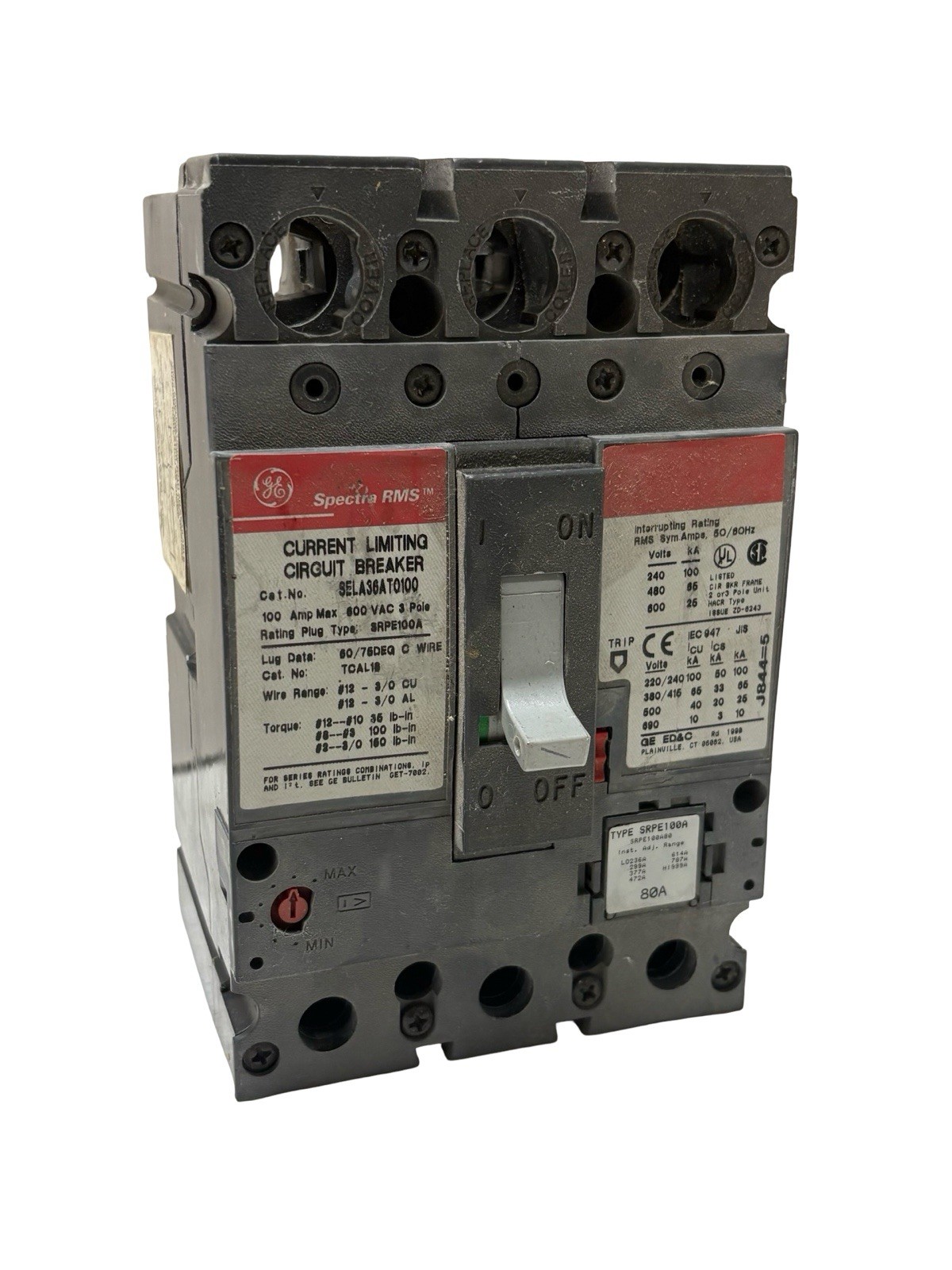 GE SELA36AT0100 Spectra RMS Circuit Breaker 100 Amp 3-Pole - Burnt Lug - W/ Plug