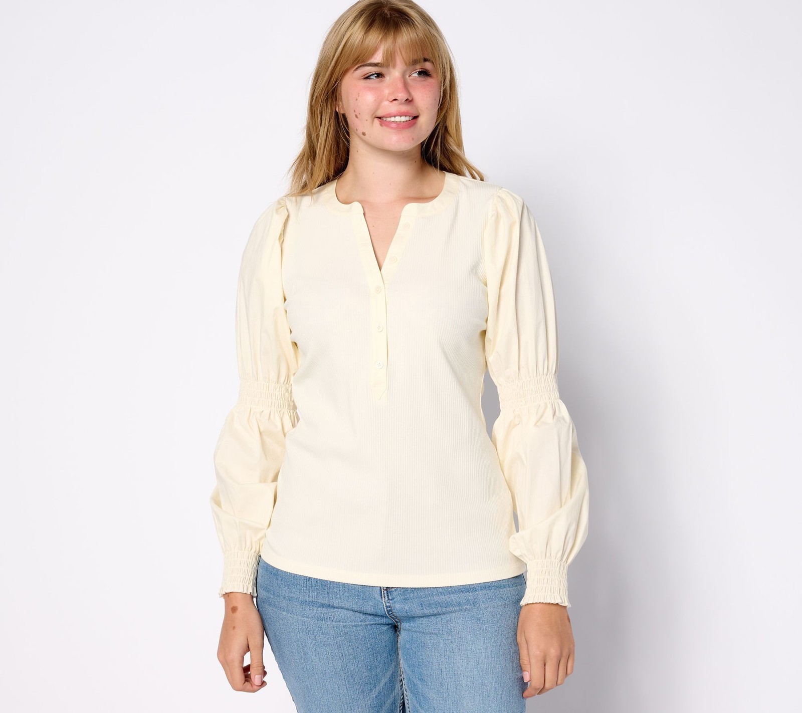 Studio Park x Shawn Killinger Women\'s Top Sz 2XS Mixed Media Puff Sleeve Henley Studio Park x Shawn Killinger Women\'s Top Sz 2XS Mixed Media Puff Sleeve Henley
