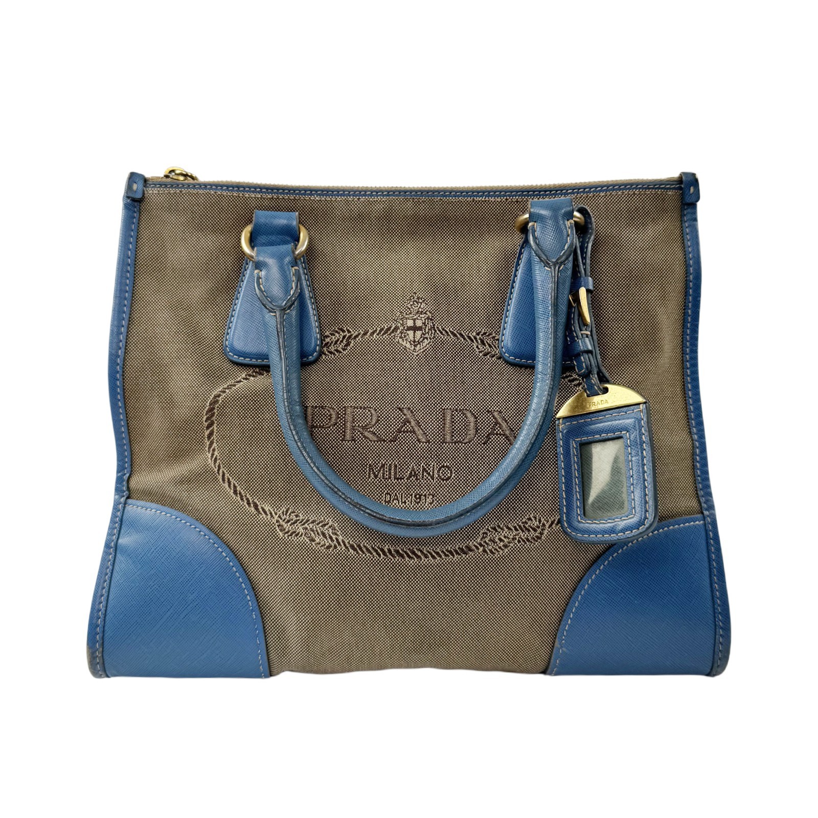 Authentic Pre-owned Prada Logo Canvas Blue Saffiano Leather Trim Tote Handbag Authentic Pre-owned Prada Logo Canvas Blue Saffiano Leather Trim Tote Handbag