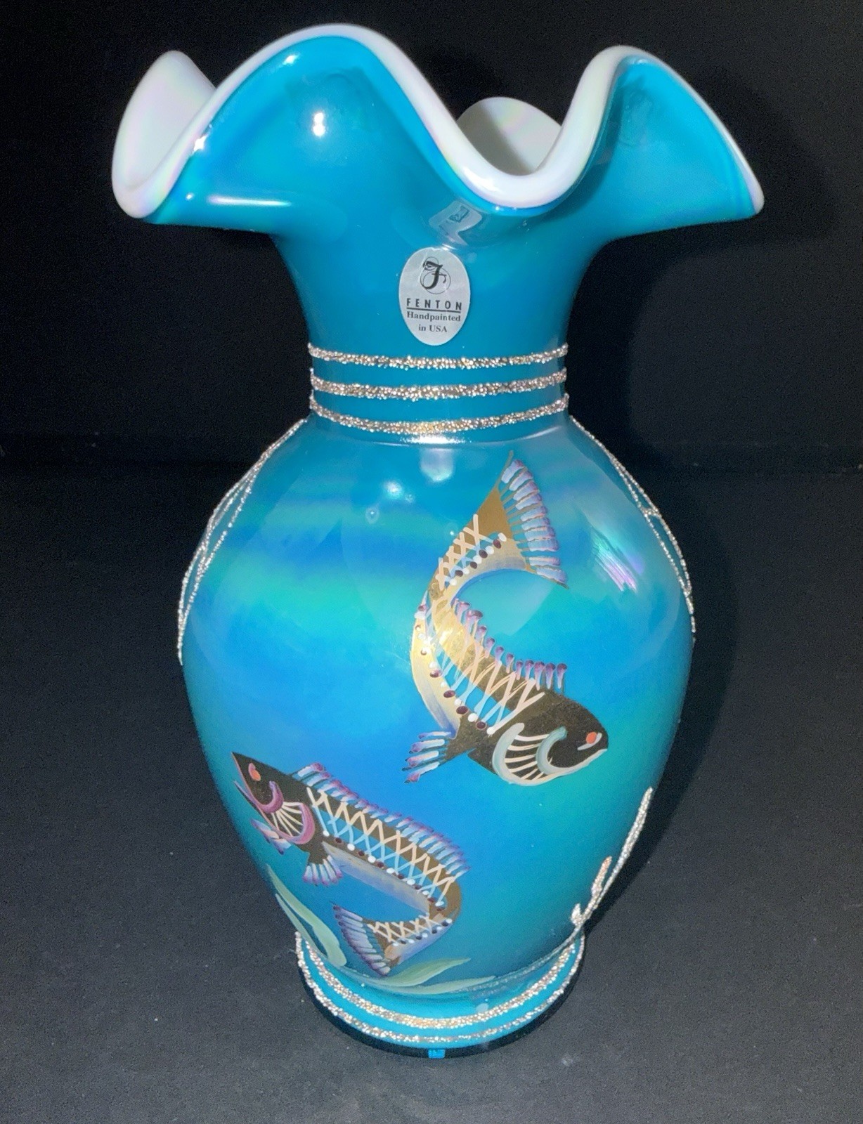Fenton Designer Showcase Series - Hand Painted - Turquoise Koi Fish Signed Vase Fenton Designer Showcase Series - Hand Painted - Turquoise Koi Fish Signed Vase