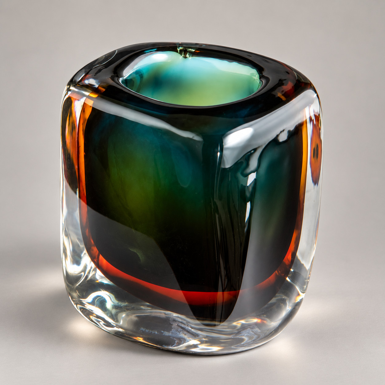 New Flavio Poli Style Sommerso Art Glass Vase in Blue Green Amber 8