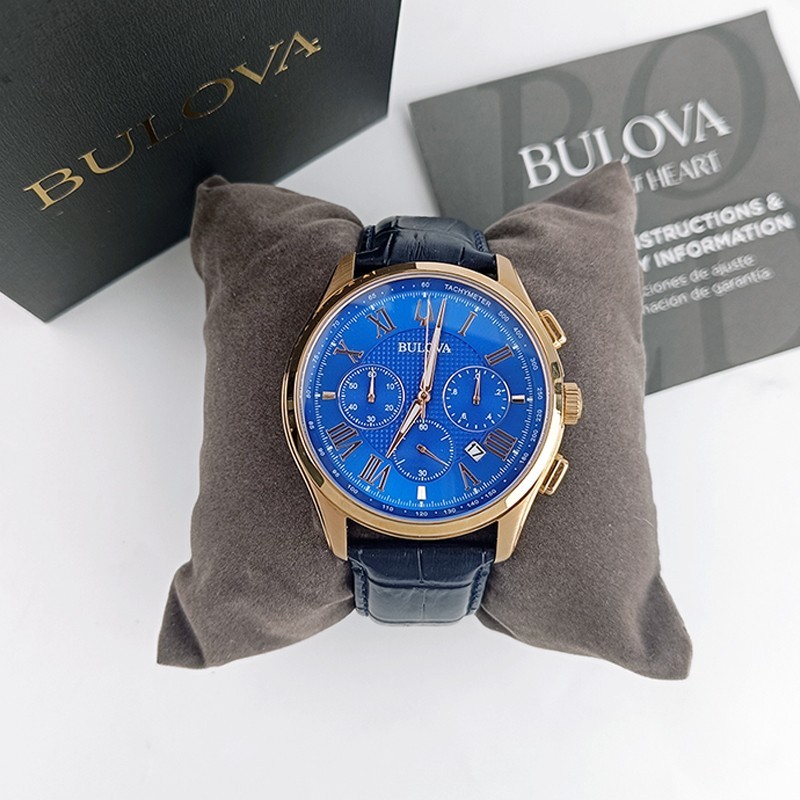 Bulova Wilton Blue Gold 97B170 Quartz & Chronograph Men's Leather Watch 46.5mm