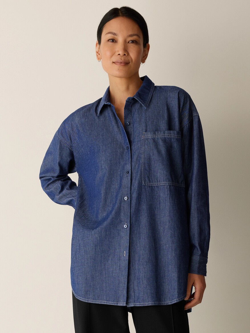 EILEEN FISHER Lightweight Organic Cotton Denim Classic Collar Long Shirt (NEW)