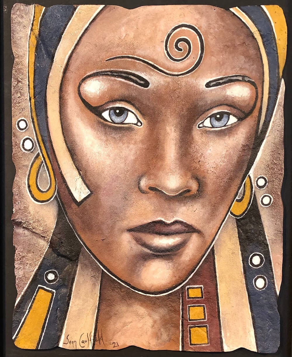 African Ascension oil painting on molded rock medium in a frame.