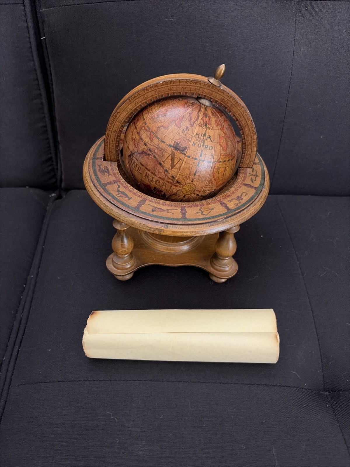 Vintage Old World Globe Wood Desktop Stand with Framing Map Scroll Vintage Old World Globe Wood Desktop Stand with Framing Map Scroll