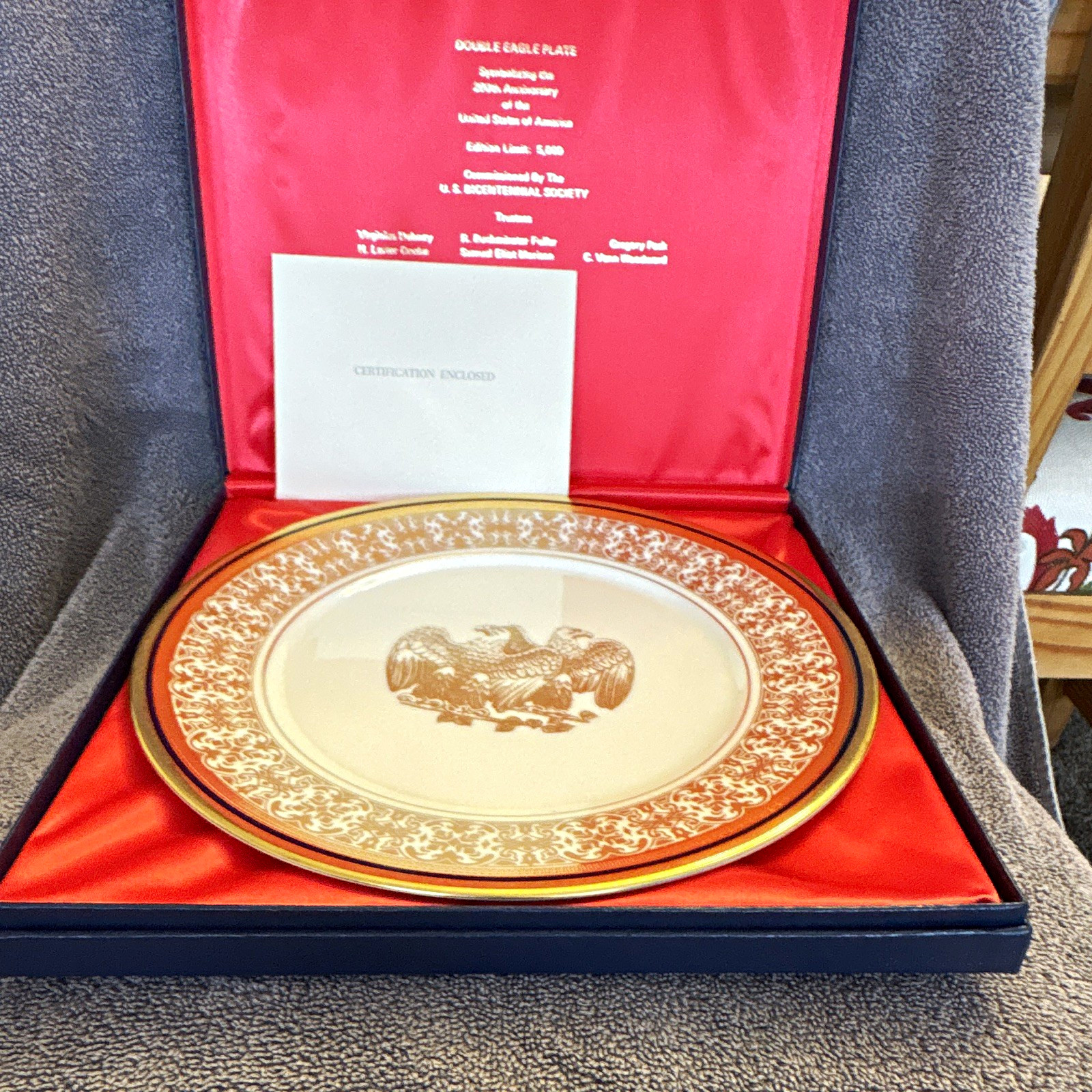U.S. Bicentennial Society Double Eagle Collector Plate Porcelain White Gold 1973